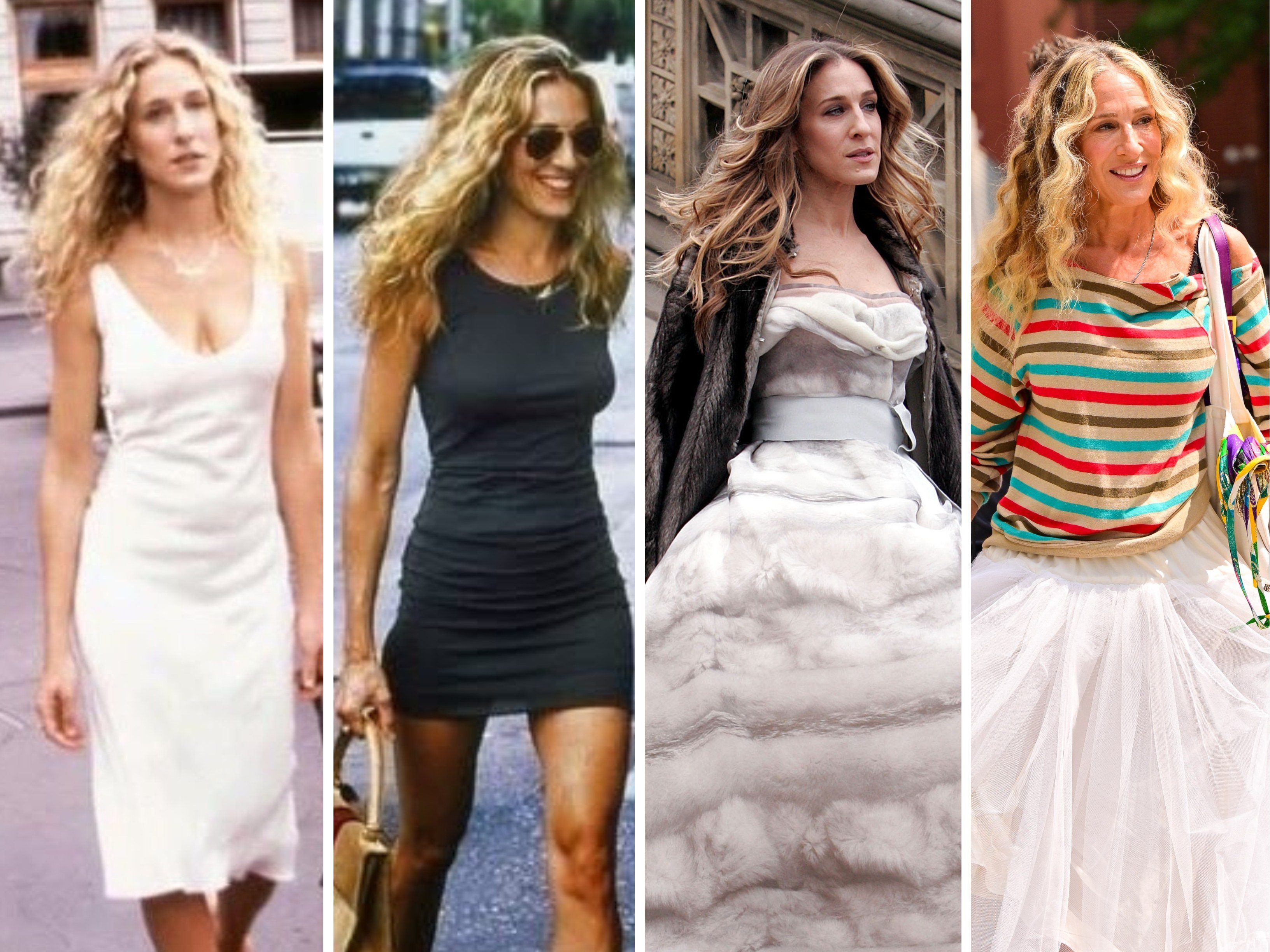 Sarah Jessica Parker rocking Carrie Bradshaw’s most iconic looks on Sex and the City and And Just Like That. Photos: Getty Images, @everyoutfitonsatc/Instagram, She Goes Wear