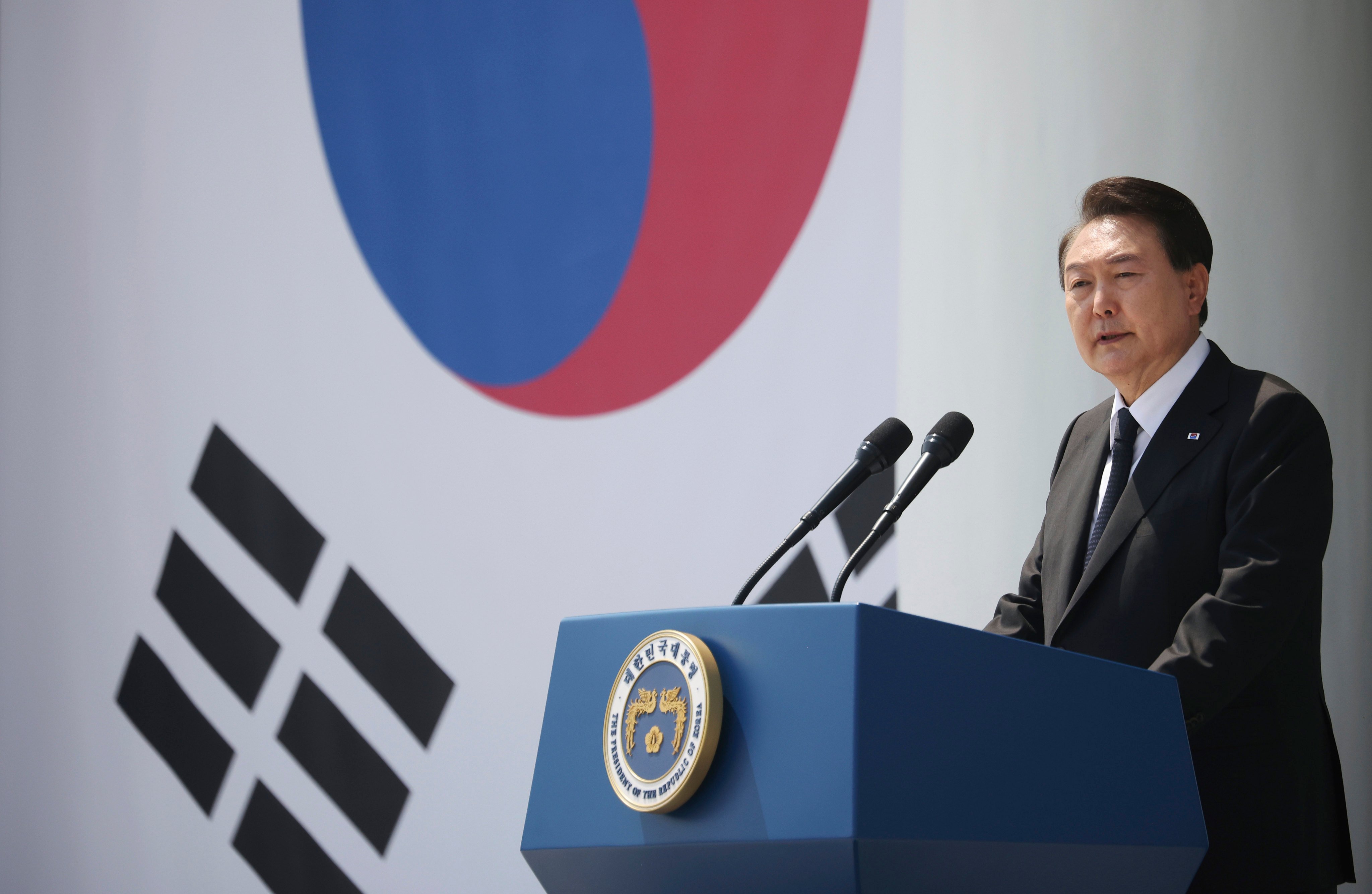 South Korean President Yoon Suk-yeol speaks at a ceremony marking the country’s 68th Memorial Day, commemorating those who died in military service during the Korean war, at the National Cemetery in Seoul on June 6. Photo: AP