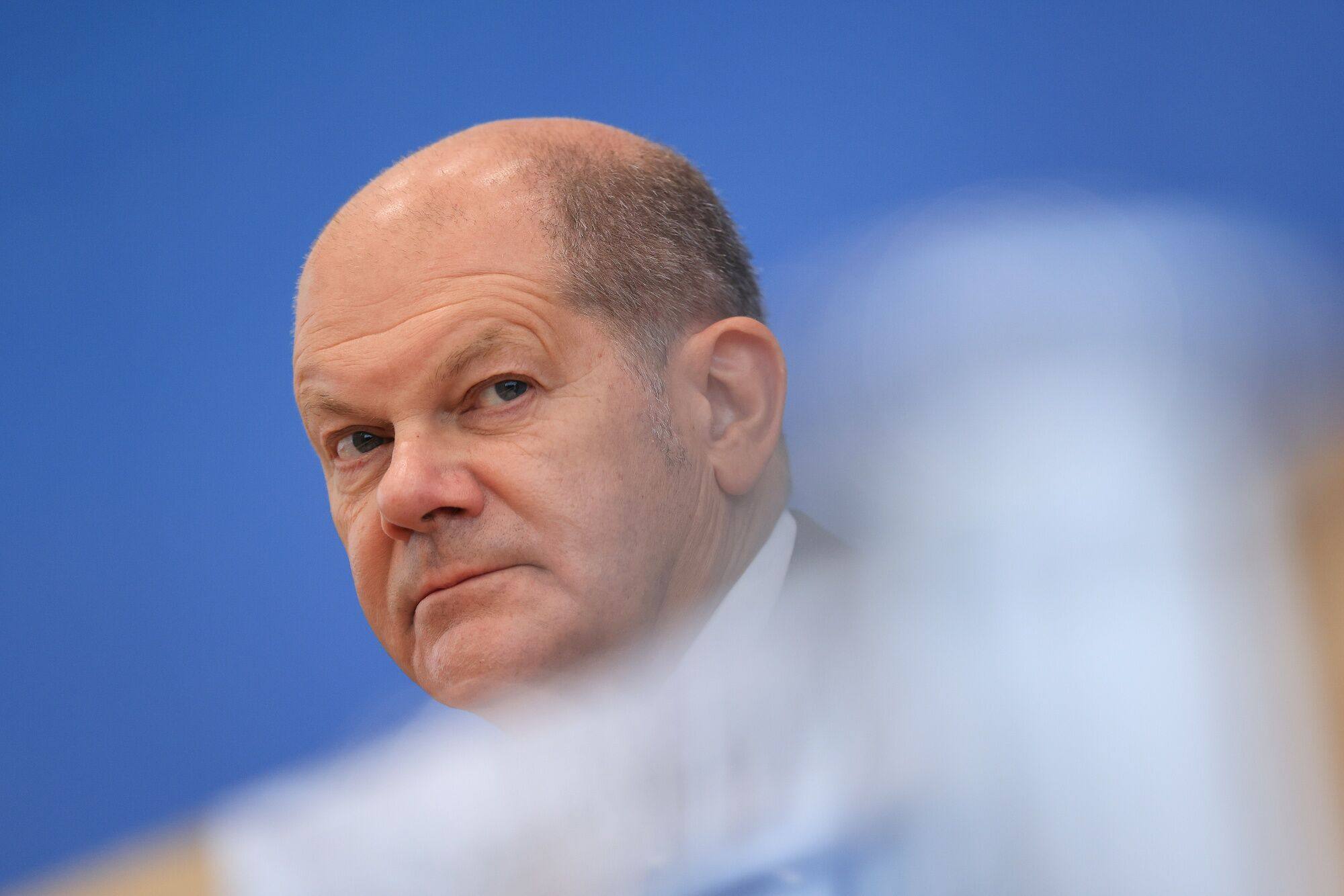 Olaf Scholz, Germany’s chancellor, takes part in a news conference in Berlin on Wednesday. Photo: Bloomberg