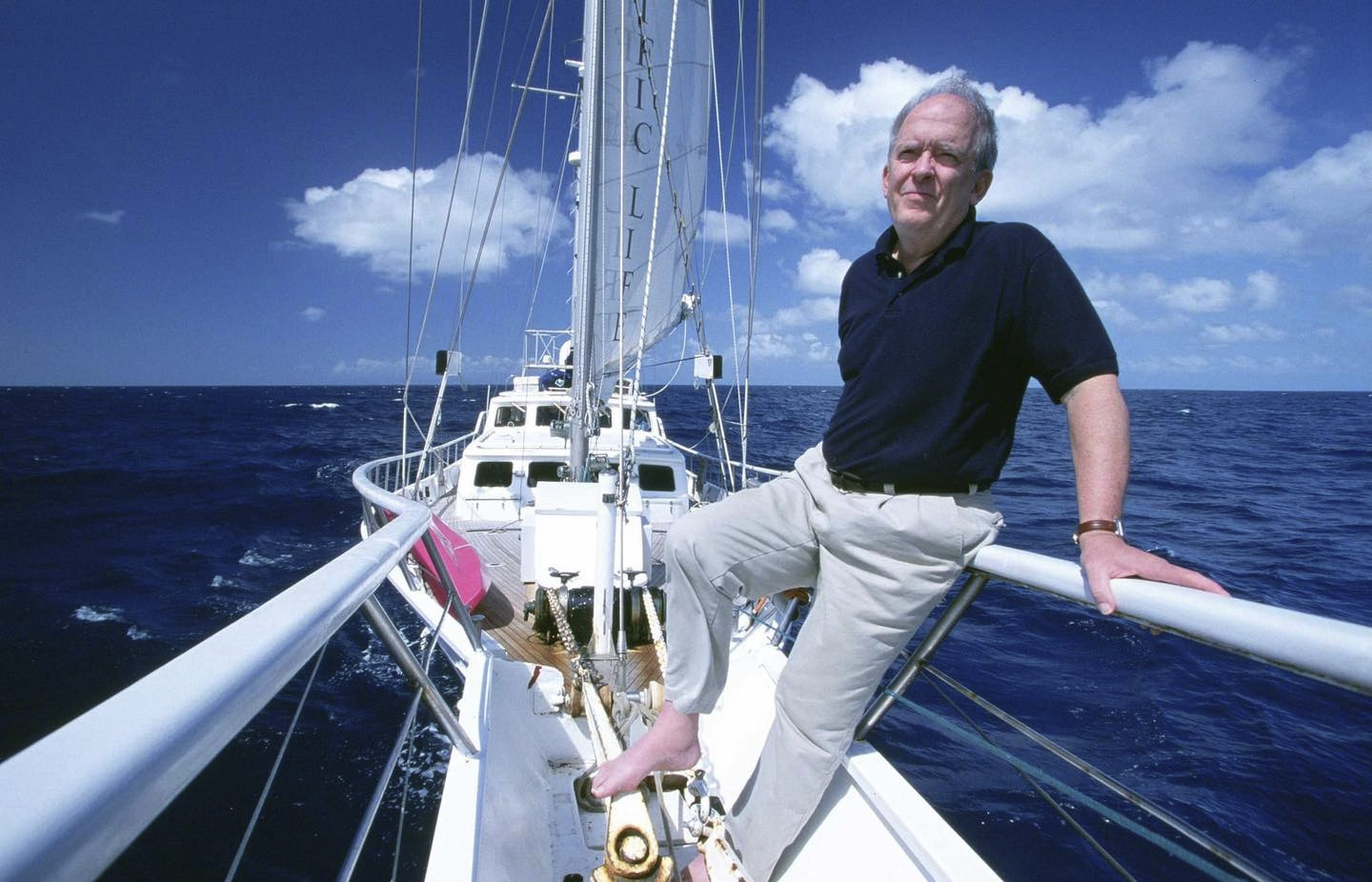 Roger Payne is seen on board Ocean Alliance’s research vessel RV Odyssey in 2002, during the Voyage of the Odyssey, a groundbreaking toxicology study circumnavigating the globe. Photo: AP