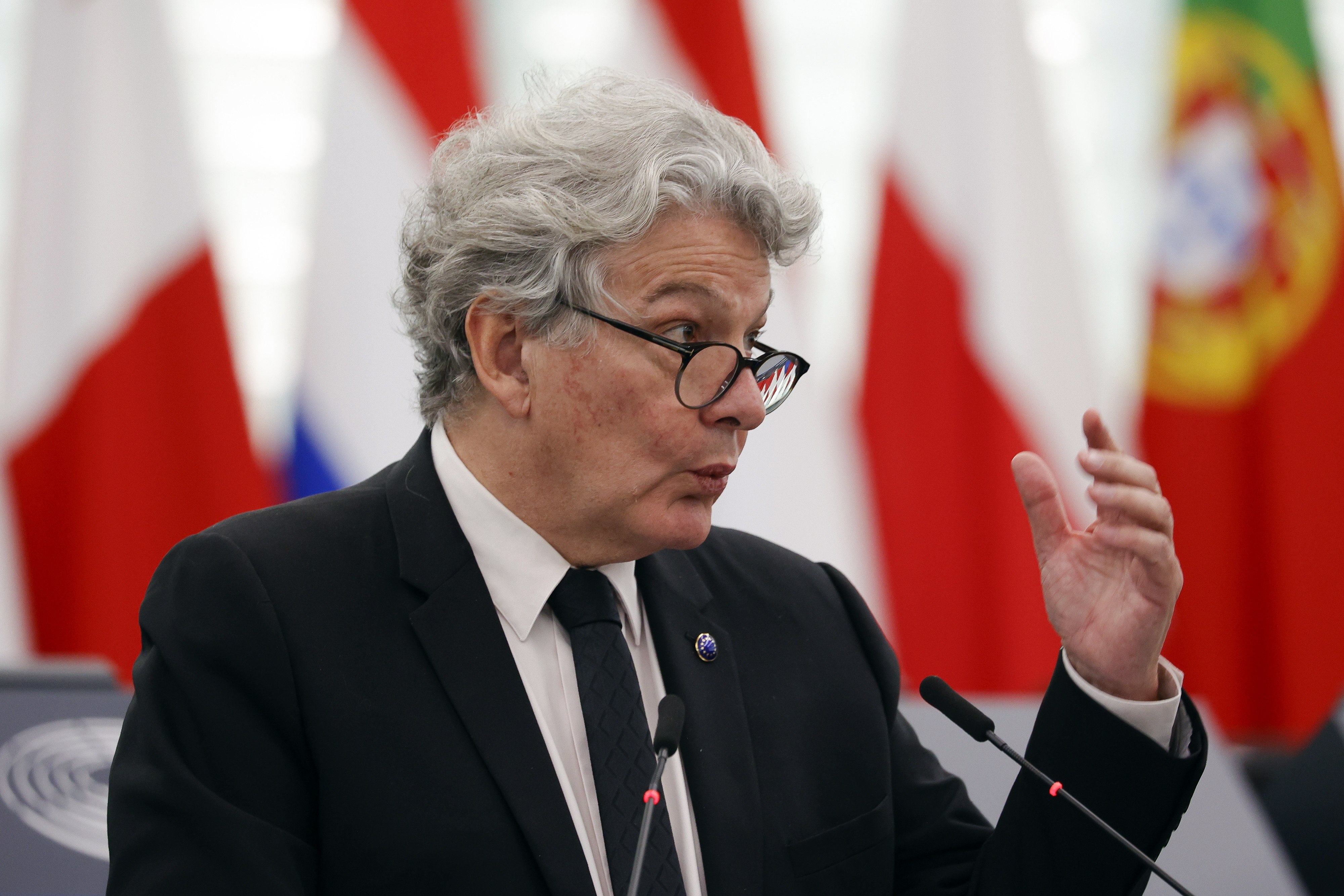 Thierry Breton, the EU’s internal-market commissioner, speaks at the European Parliament in Strasbourg, France, on Tuesday. Photo: EPA-EFE