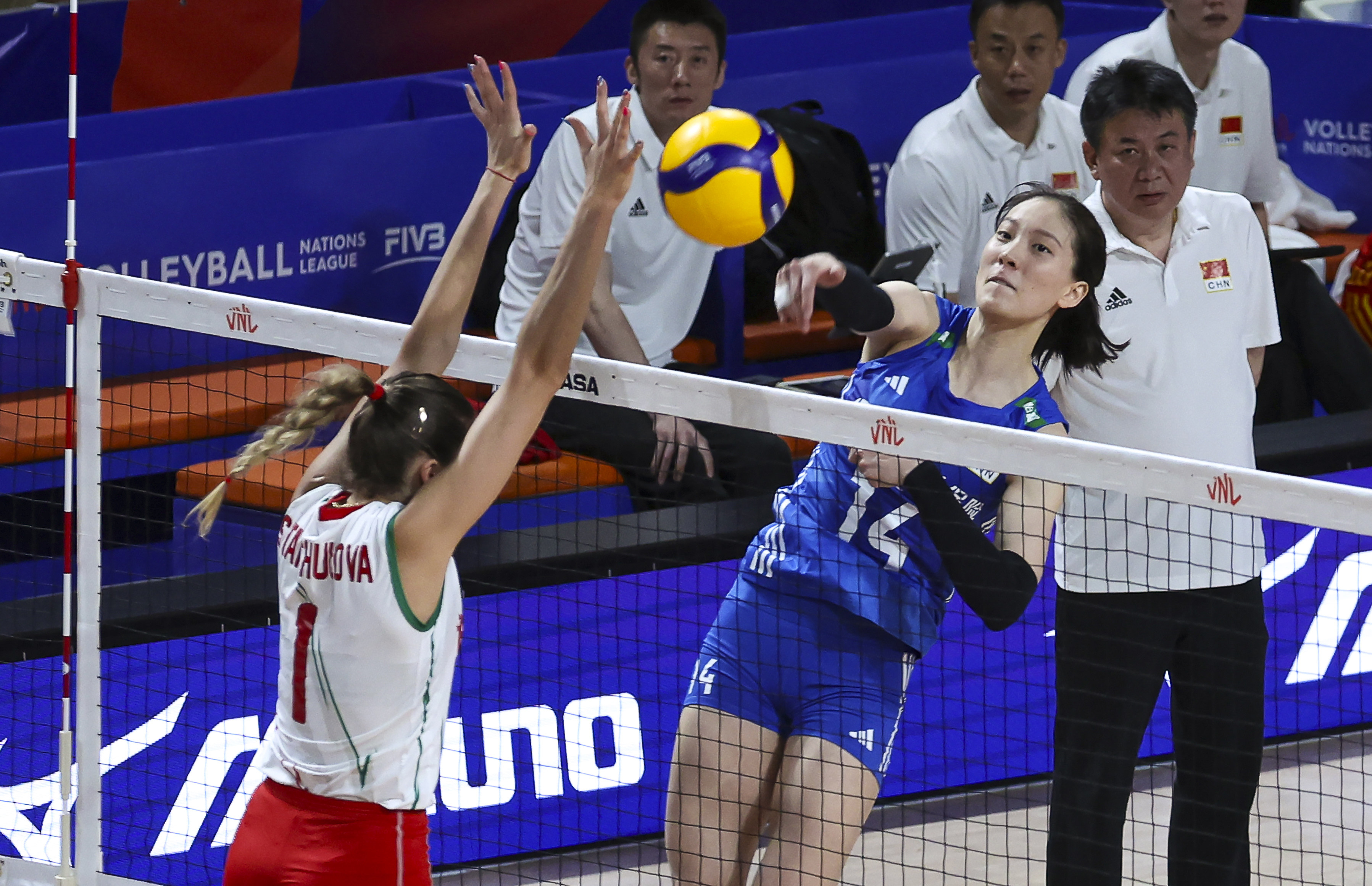 Zheng Yixin of China spikes the ball during the FIVB Women’s Volleyball Nations League game against Bulgaria at the Coliseum in Hung Hom. Photo: Yik Yeung-man