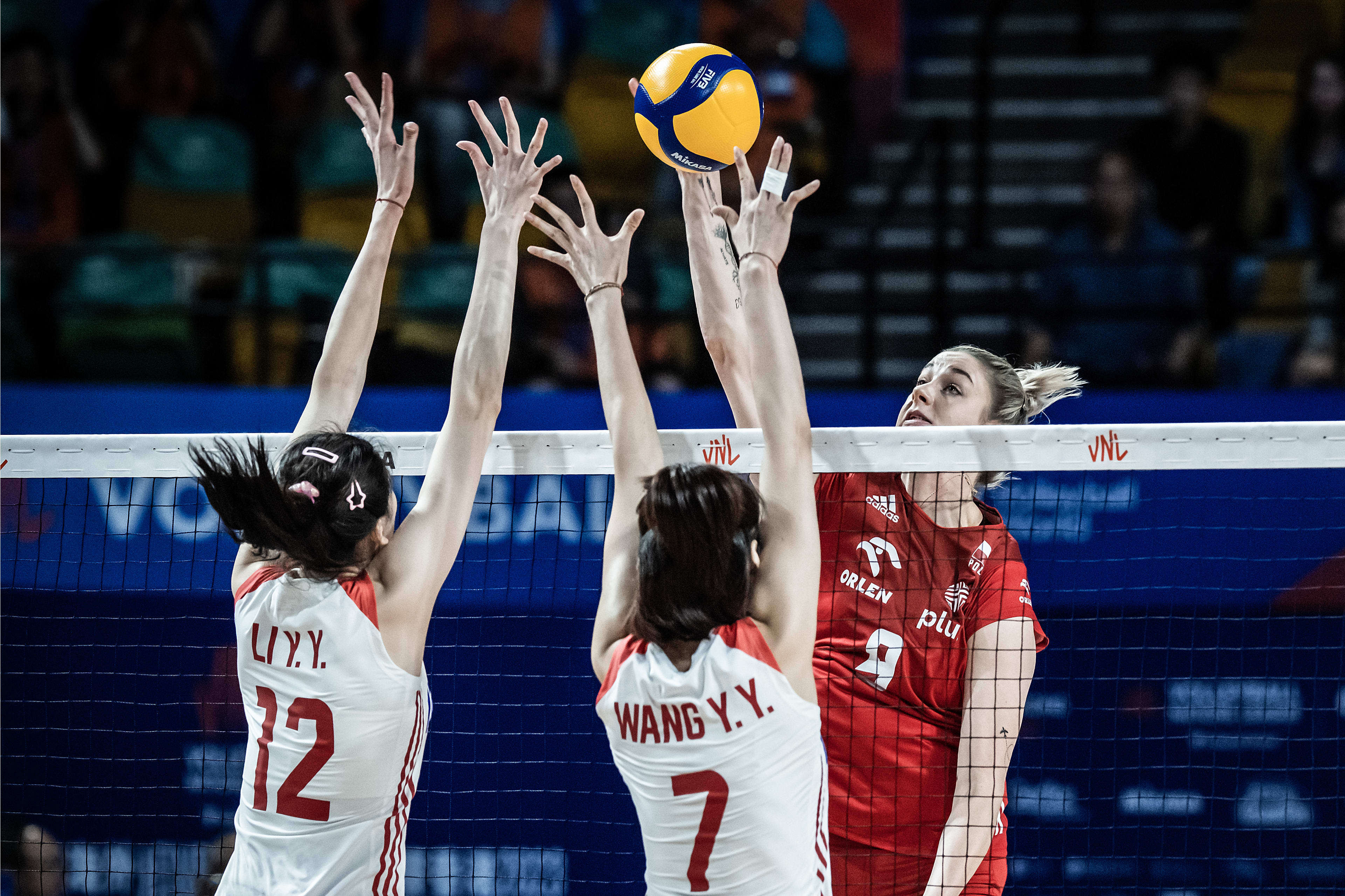 Poland’s Magdalena Stysiak in action against China on Saturday night at the Volleyball Nations League in Hong Kong. Photo: Handout