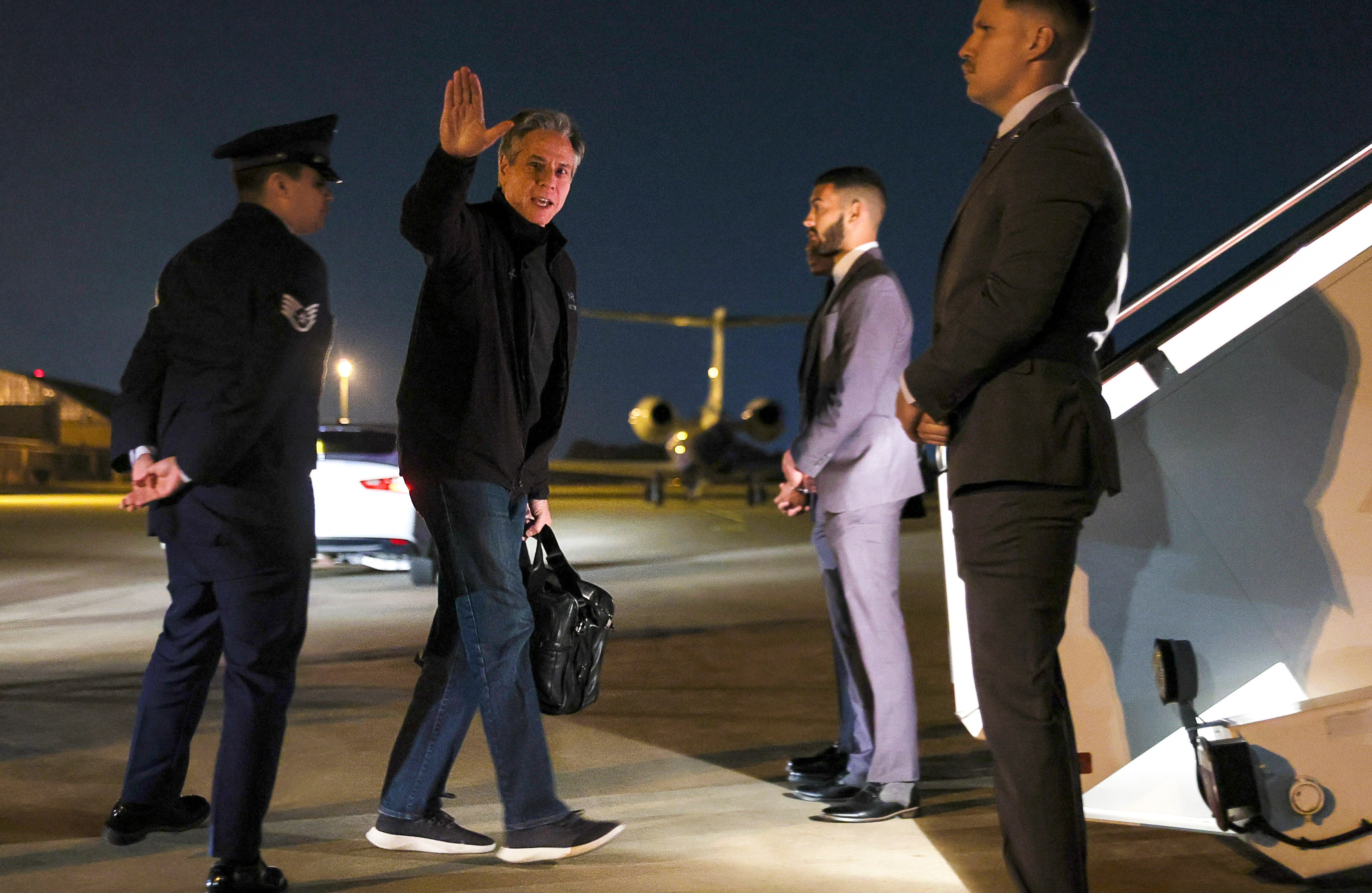 Secretary of State Antony Blinken waves before boarding his flight to China from a US military base in the state of Maryland on Friday. Photo: AP