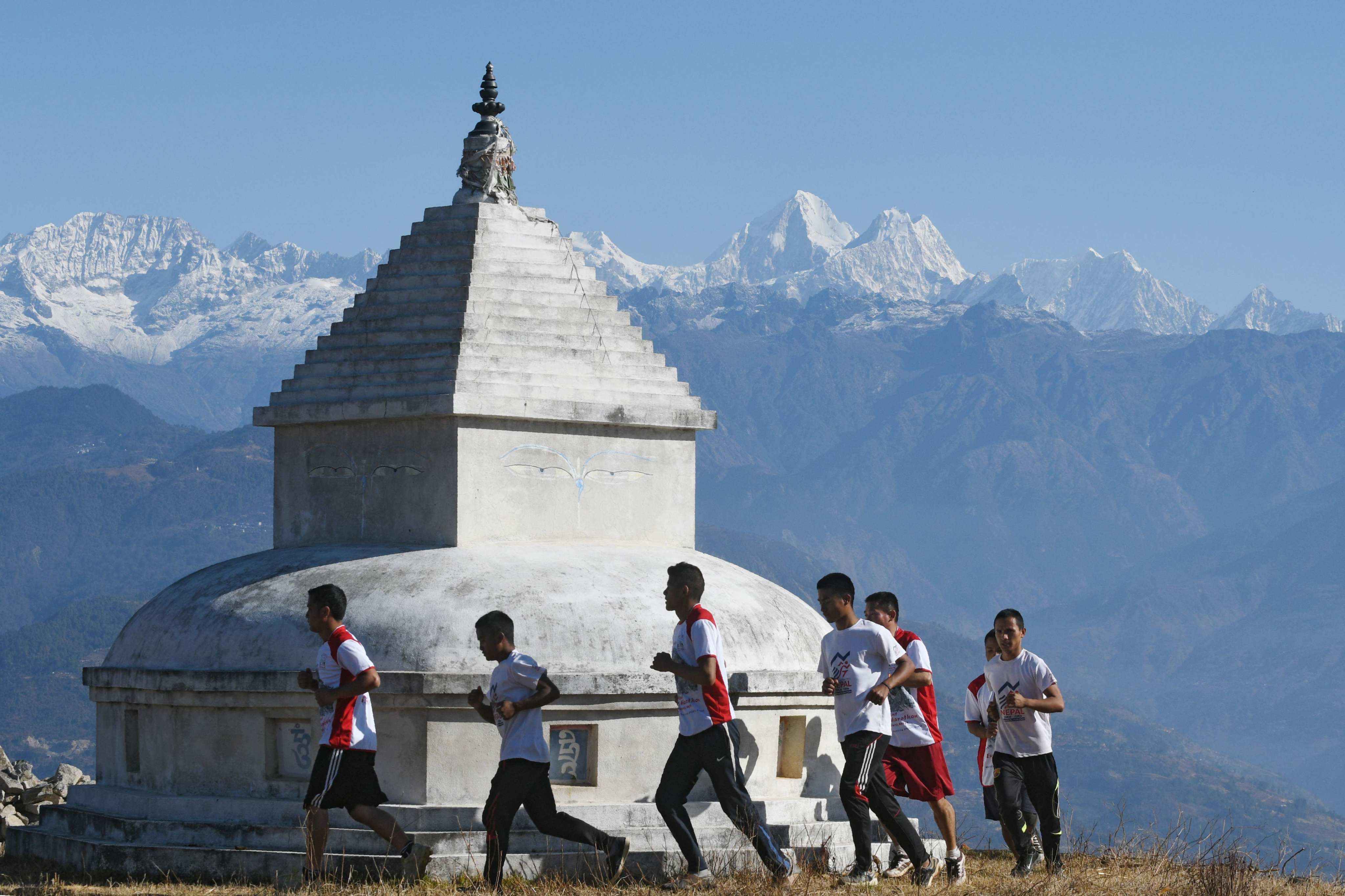 Buddhist monks exercise in Nepal. Nepal’s politics is witnessing the emergence of Hindu nationalism, with growing calls for the country to become a Hindu “rashtra”. Photo: AFP