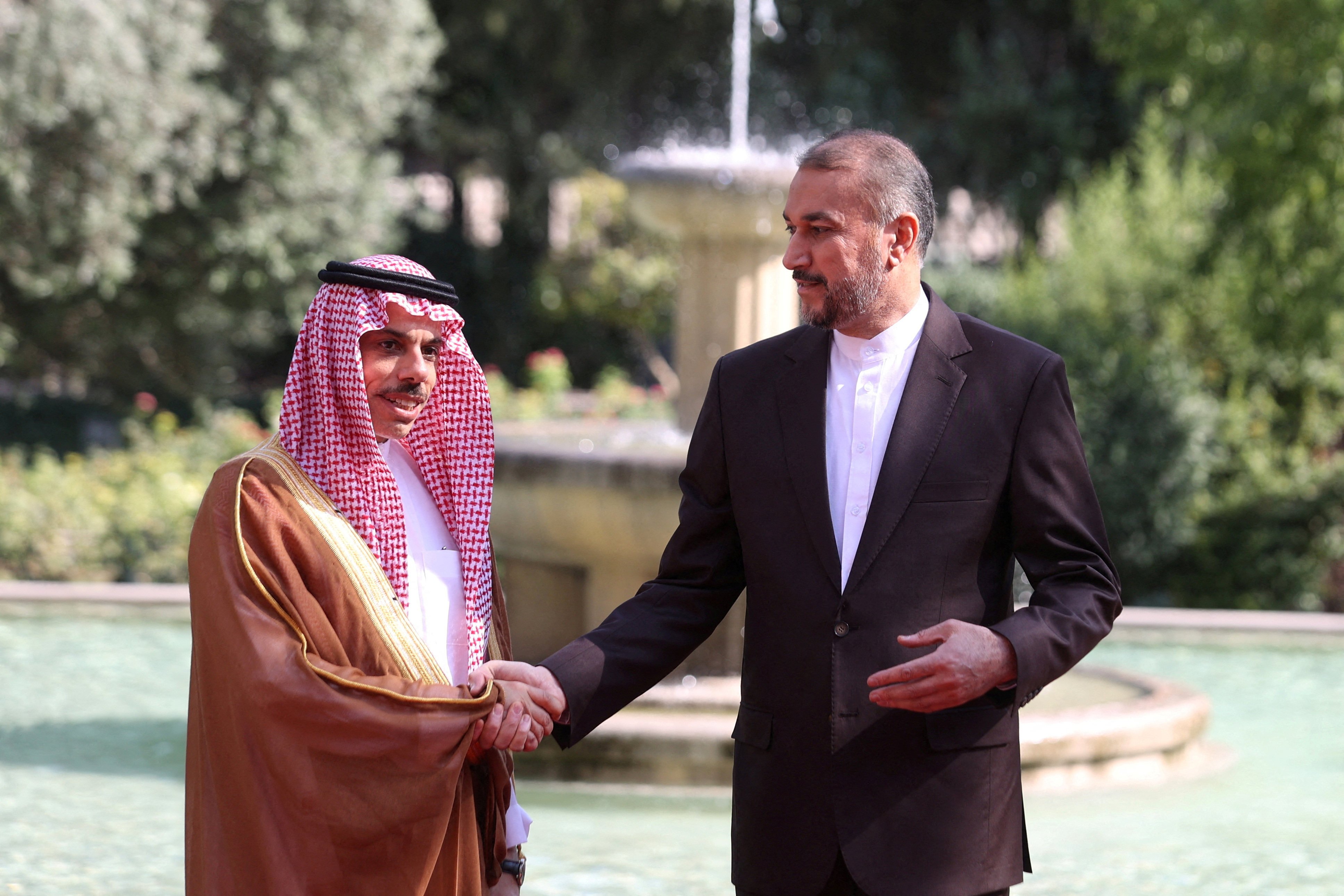 Iranian Foreign Minister Hossein Amir-Abdollahian, right, meets Saudi Arabia’s Foreign Minister Prince Faisal bin Farhan Al Saud in Tehran, Iran on Saturday. Photo: WANA (West Asia News Agency) via Reuters