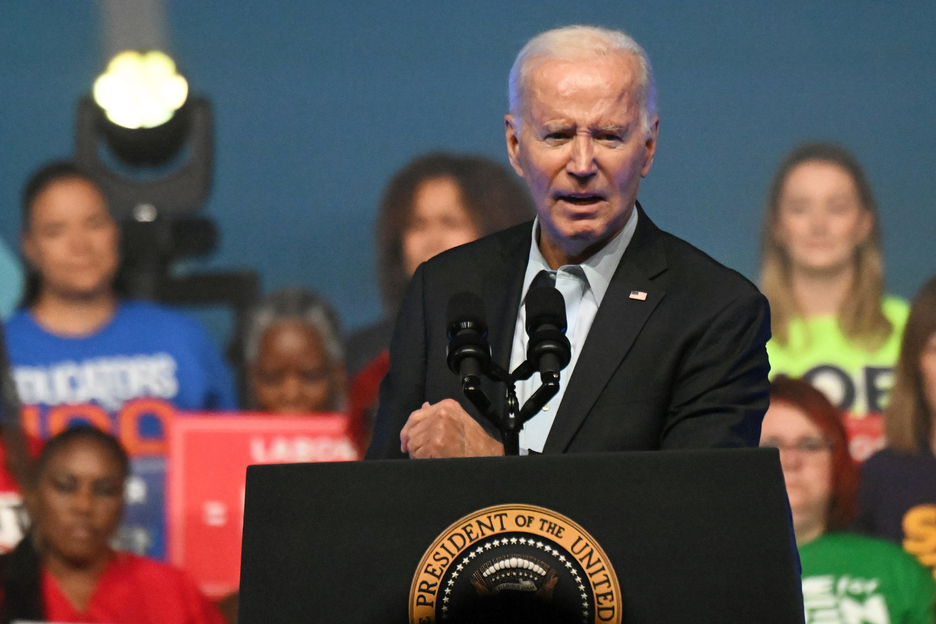 US President Joe Biden addresses union workers during a campaign rally in Philadelphia on Saturday. Photo: Getty Images / TNS