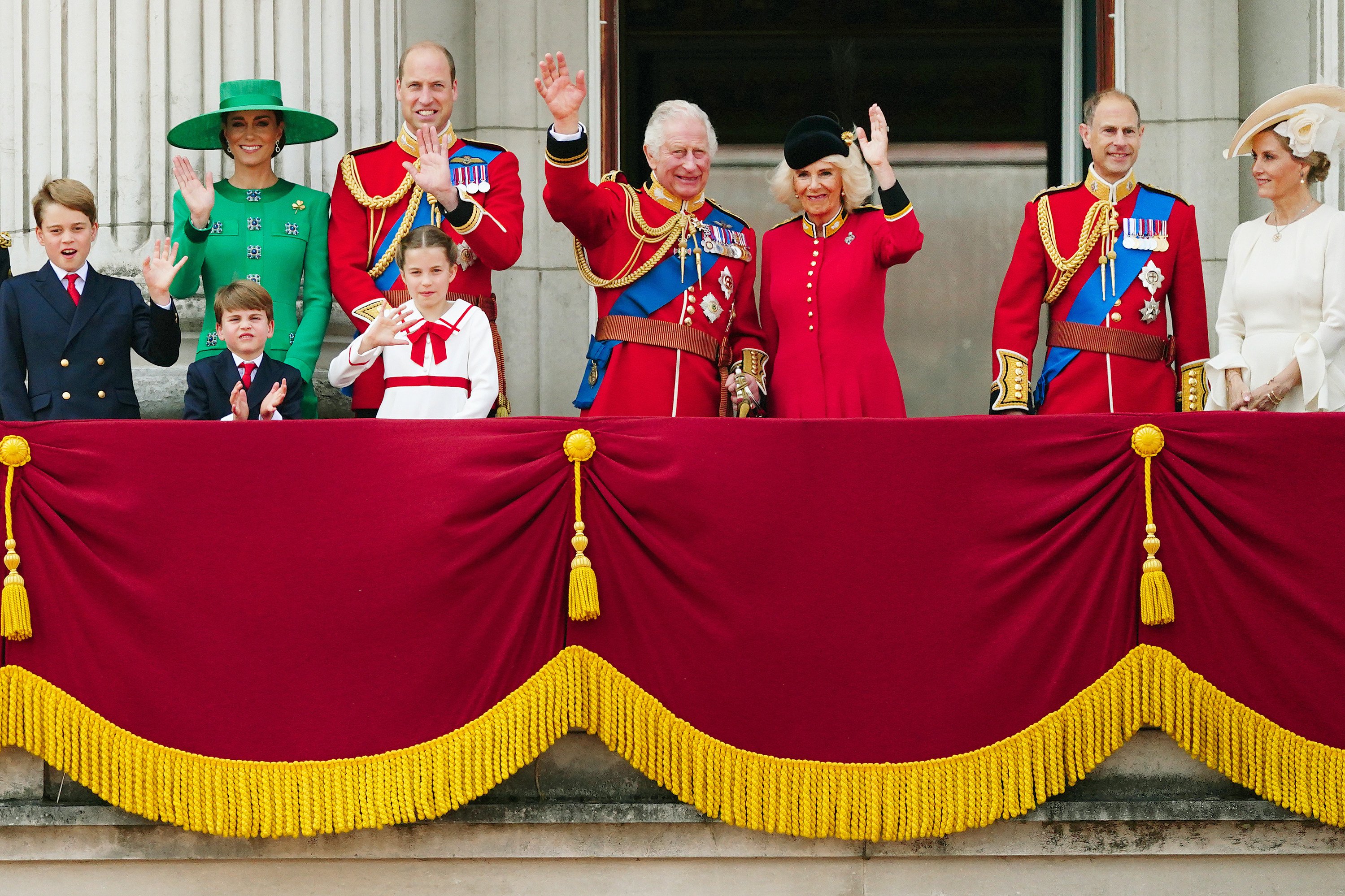 King Charles and Queen Camilla are joined by members of the British royal family on the balcony of Buckingham Palace, London on Saturday to watch the air show following the Trooping the Colour ceremony.  Photo: PA Wire / dpa
