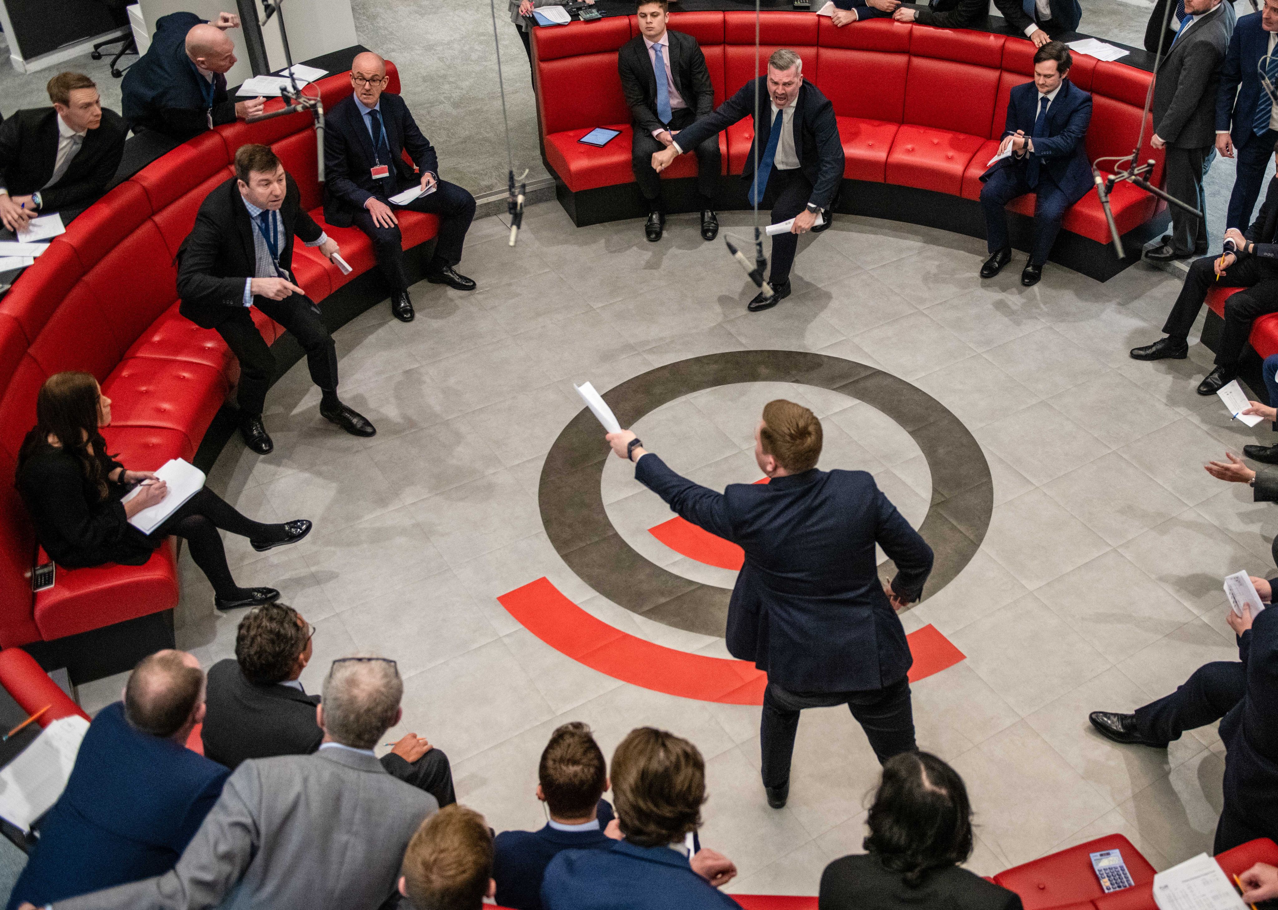 Traders call out offers in the open outcry pit at the London Metal Exchange in February  2022. Photo: Bloomberg