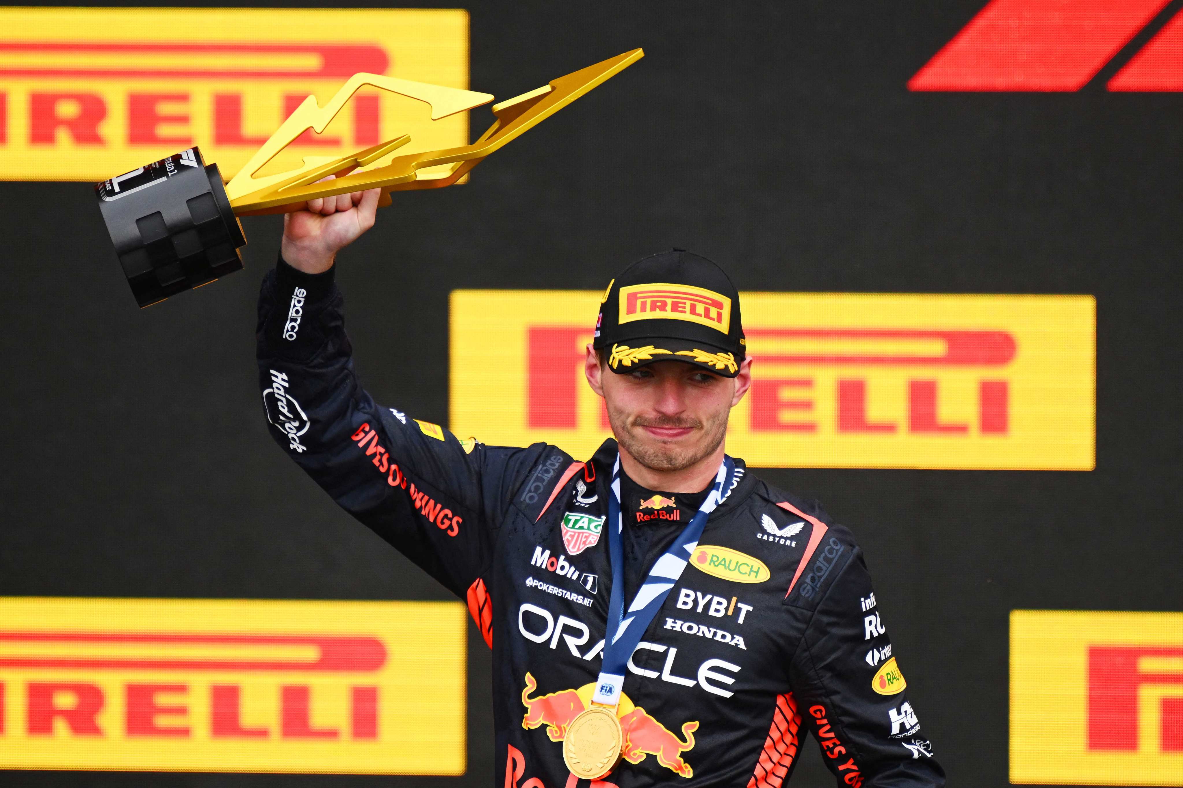 The Netherlands’ Max Verstappen celebrates on the podium at the Canadian Grand Prix in Montreal, Quebec on Sunday. Photo: Getty Images via AFP 