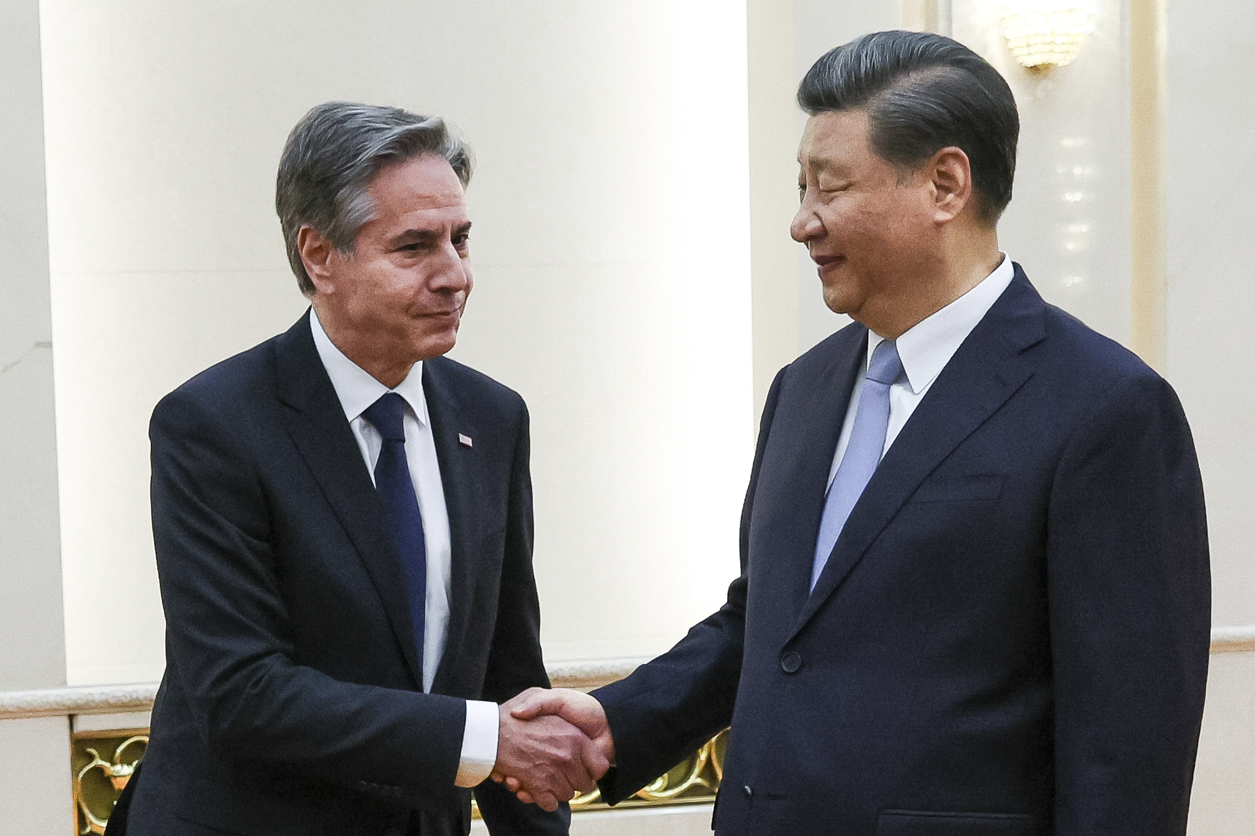 US Secretary of State Antony Blinken (left) shakes hands with Chinese President Xi Jinping (right) in the Great Hall of the People in Beijing on Monday. Photo: AP