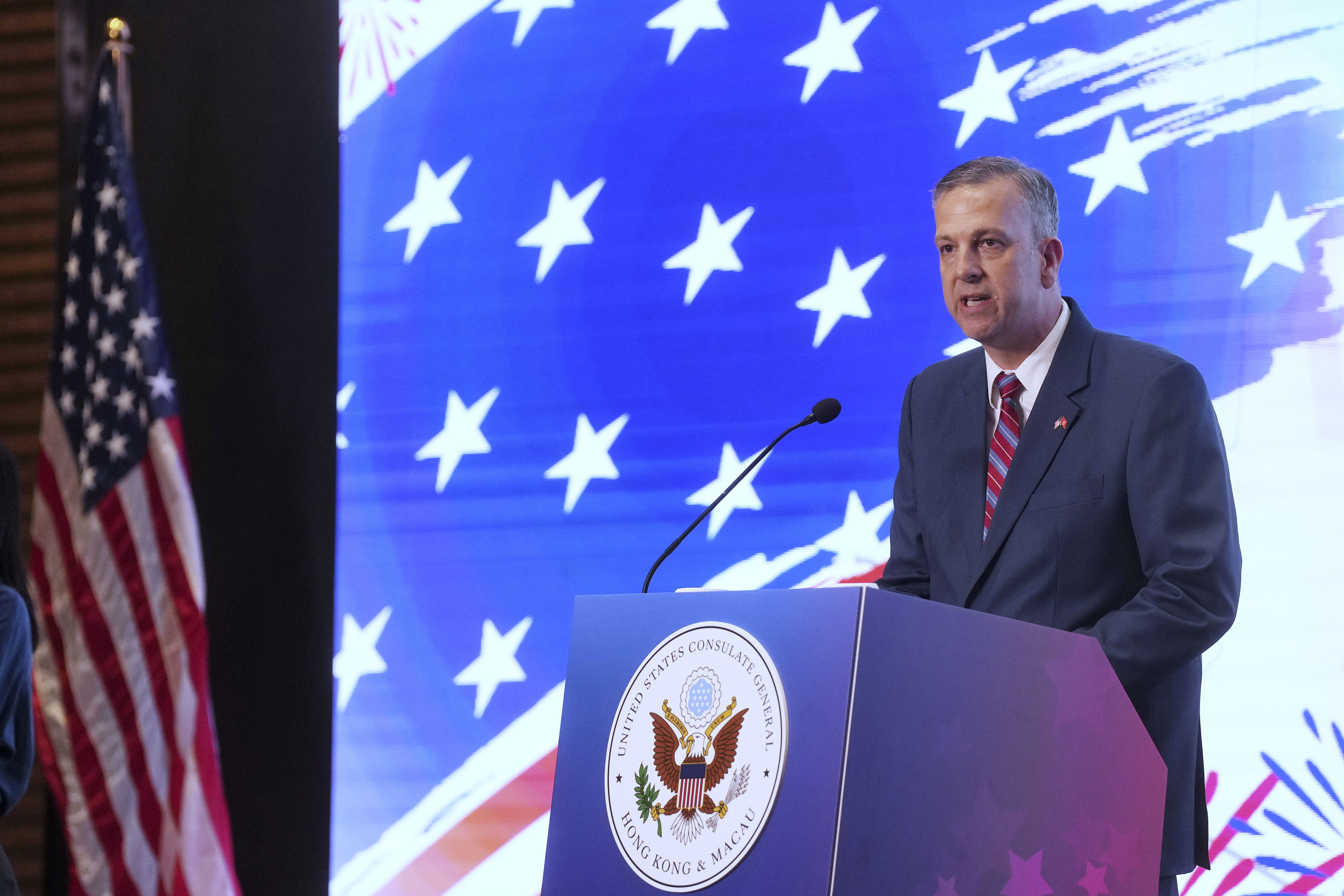 Gregory May, US consul general to Hong Kong and Macau, speaks at a reception ahead of America’s Independence Day celebration on July 4. Photo: Elson Li