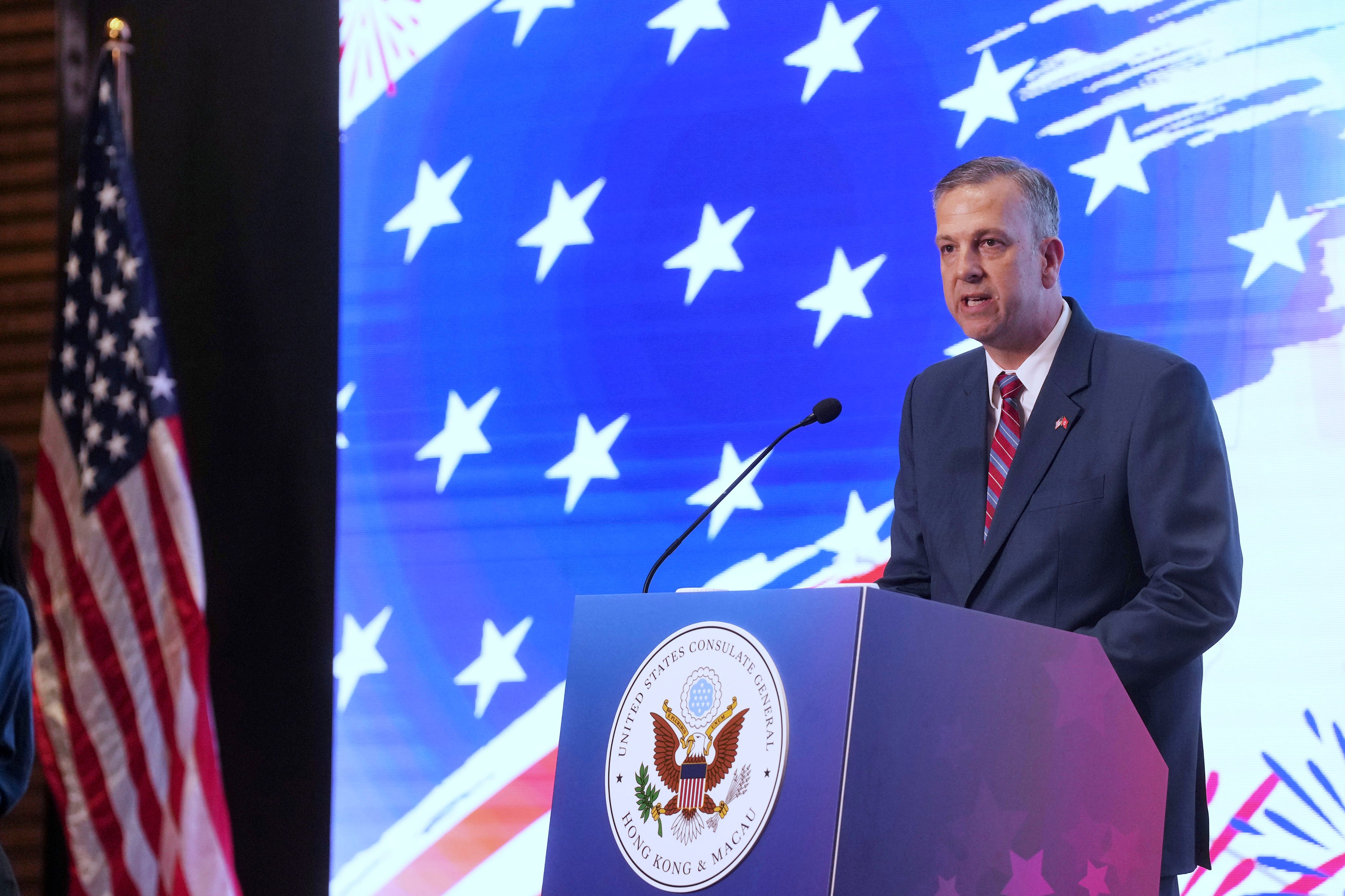 Gregory May, US consul general to Hong Kong and Macau, speaks at a reception ahead of America’s Independence Day celebration on July 4. Photo: Elson Li