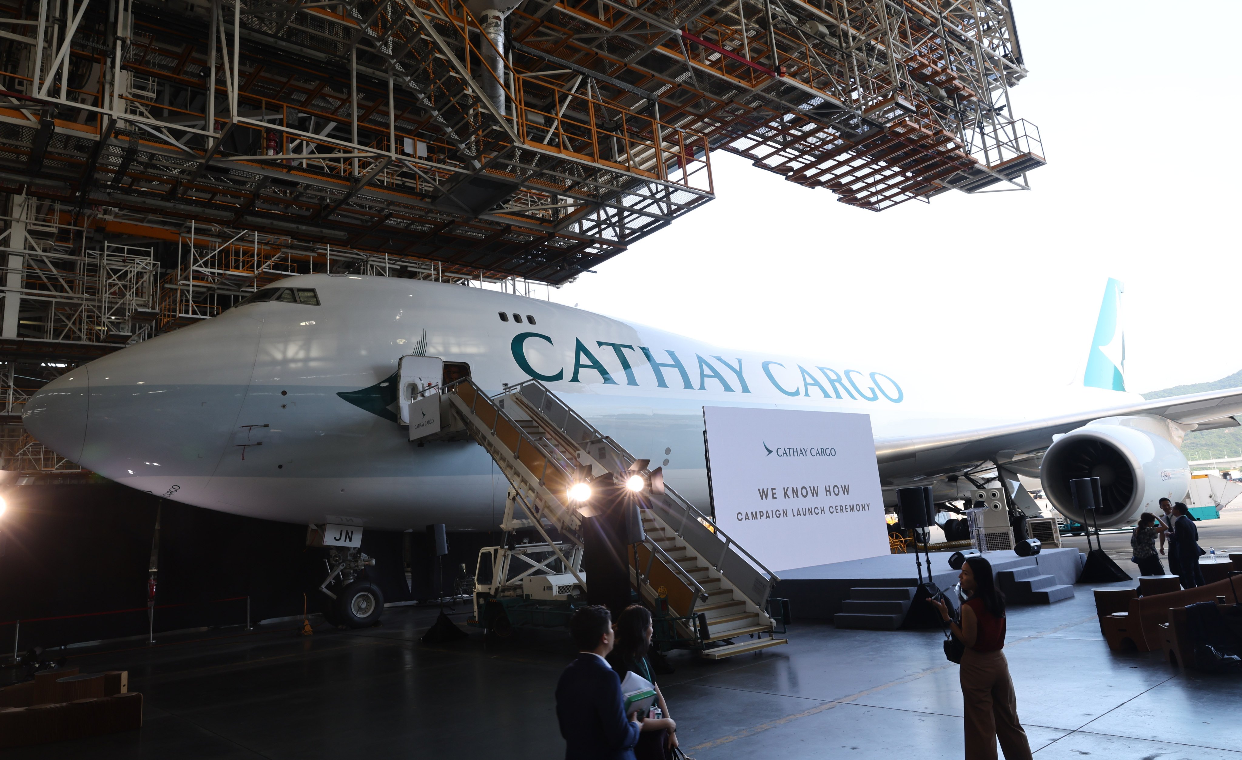 The first freight aircraft to wear the new Cathay Cargo livery is unveiled on Wednesday. Photo: Yik Yeung-man