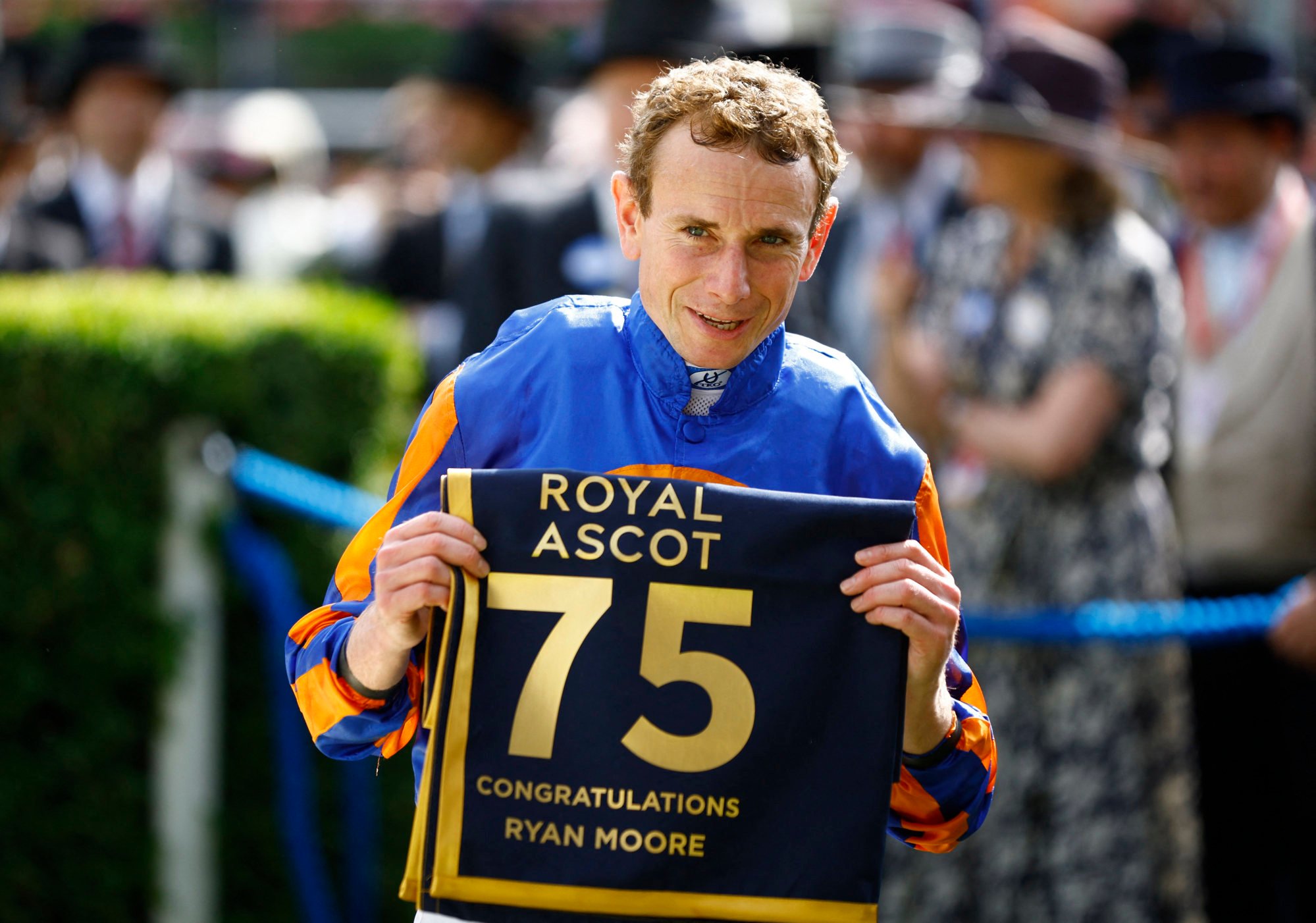 Ryan Moore celebrates after winning the St James’s Palace Stakes aboard Paddington on Tuesday. Photo: Reuters