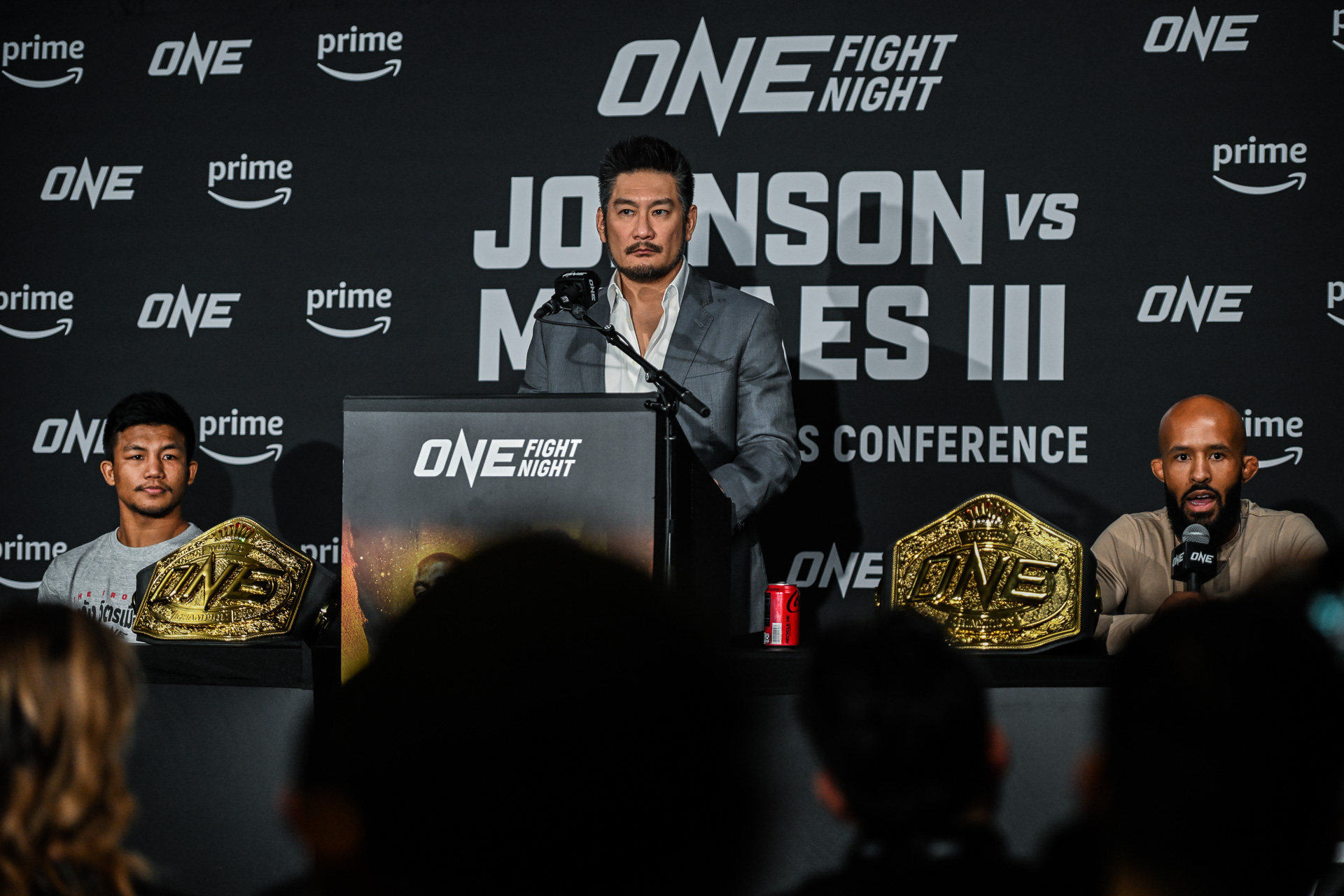 CEO Chatri Sityodtong with Demetrious Johnson (right) and Rodtang (left) at the ONE Fight Night 10 press conference in Denver. Photos: ONE Championship