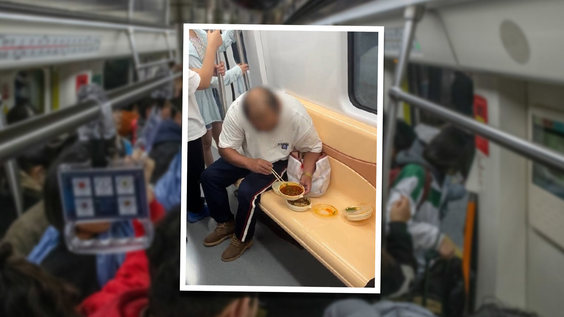 A subway passenger in China has sparked an online debate about etiquette on public transport after he laid out a three-course meal on train seats and tucked in. SCMP composite/Weibo