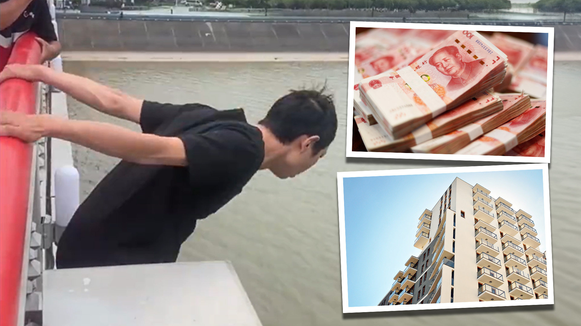 Mainland social media has been filled with praise for a food delivery worker who jumped off a high bridge in China to save a drowning woman but has declined to accept rewards of cash and property in the aftermath of the incident. Photo: SCMP composite/Baidu