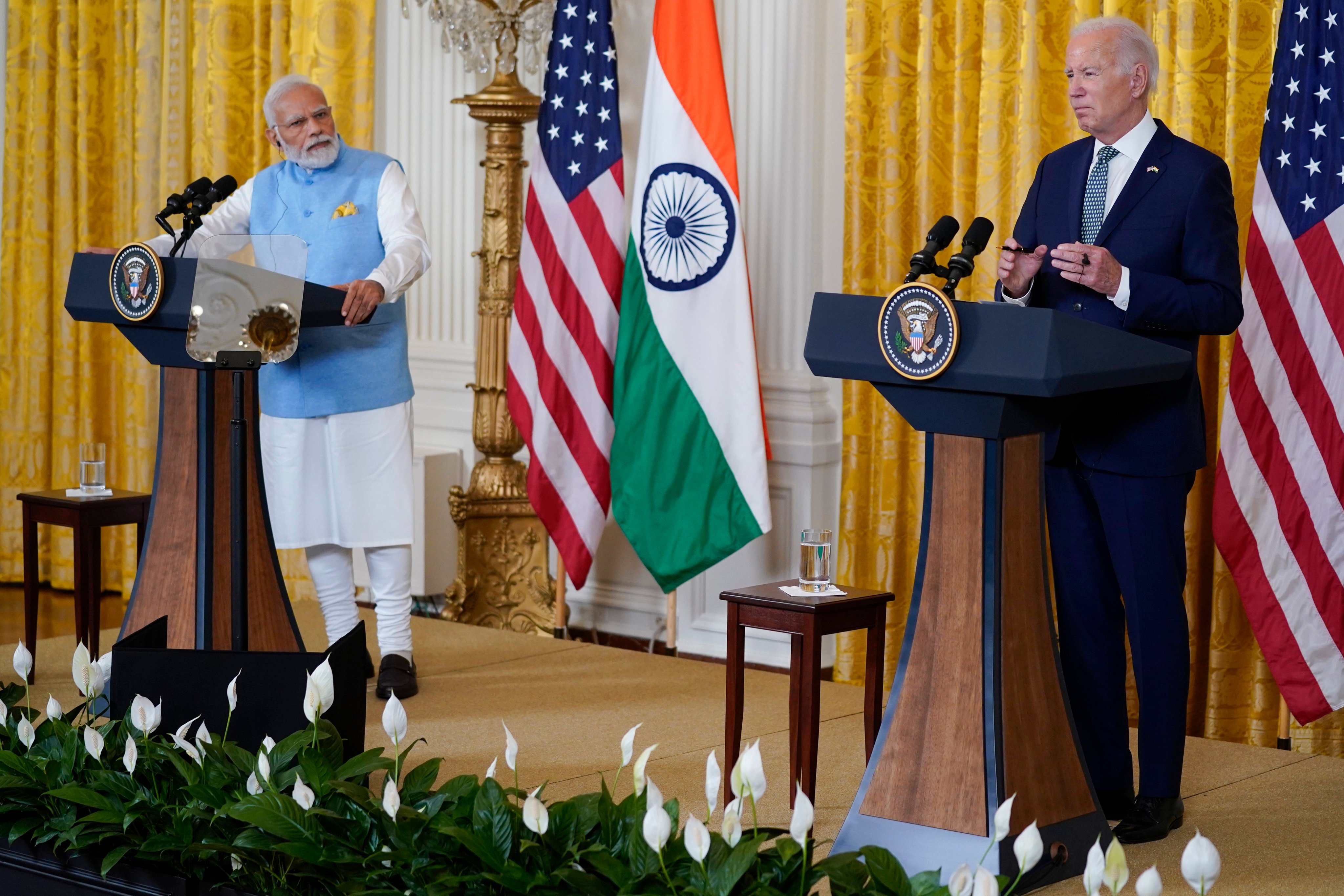 US President Joe Biden (right) speaks during a White House press conference alongside Indian Prime Minister Narendra Modi in Washington on Thursday. Photo: AP