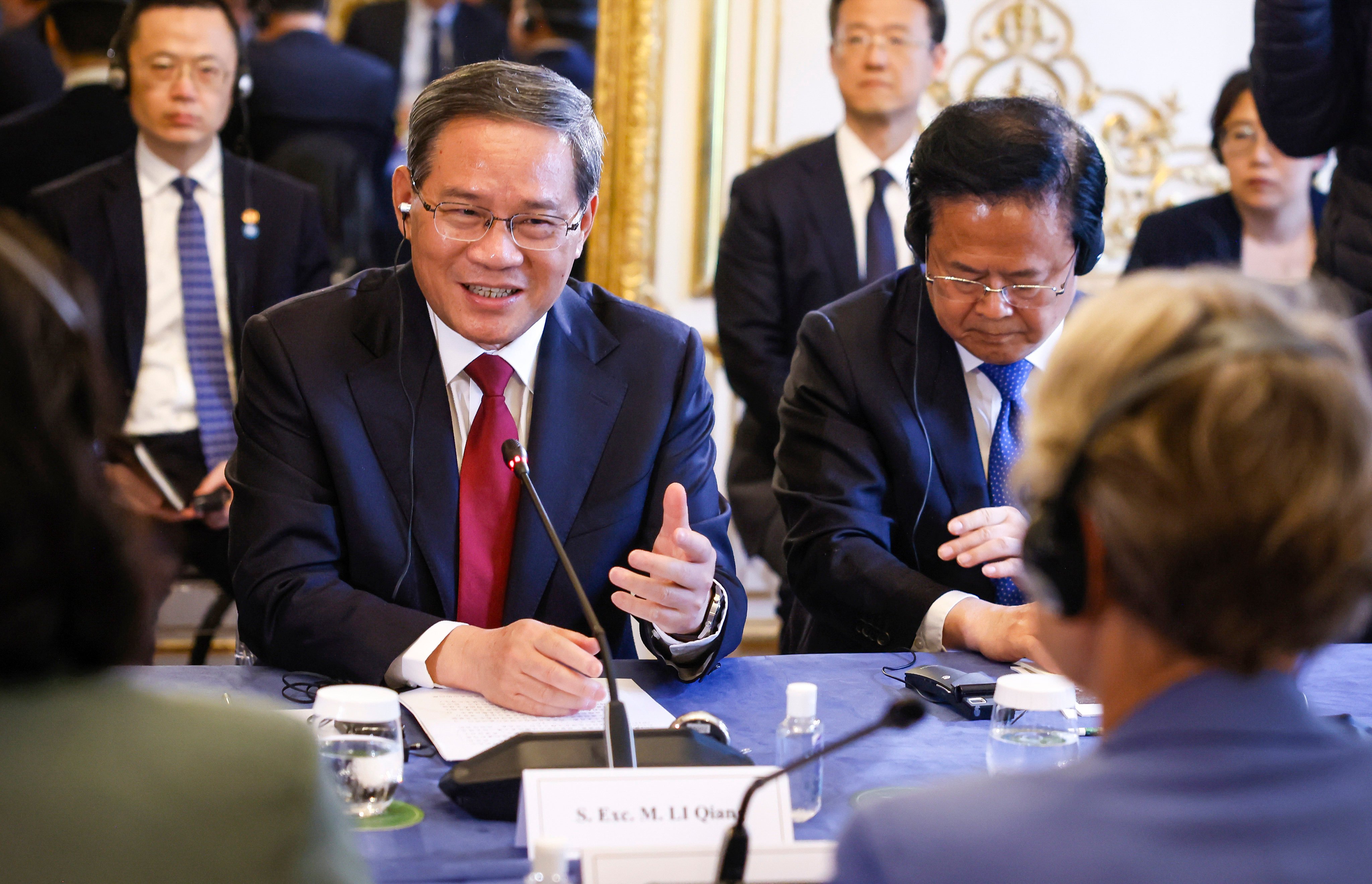 Chinese Premier Li Qiang speaks during a meeting with French Prime Minister Elisabeth Borne in Paris on Thursday. Photo: AP