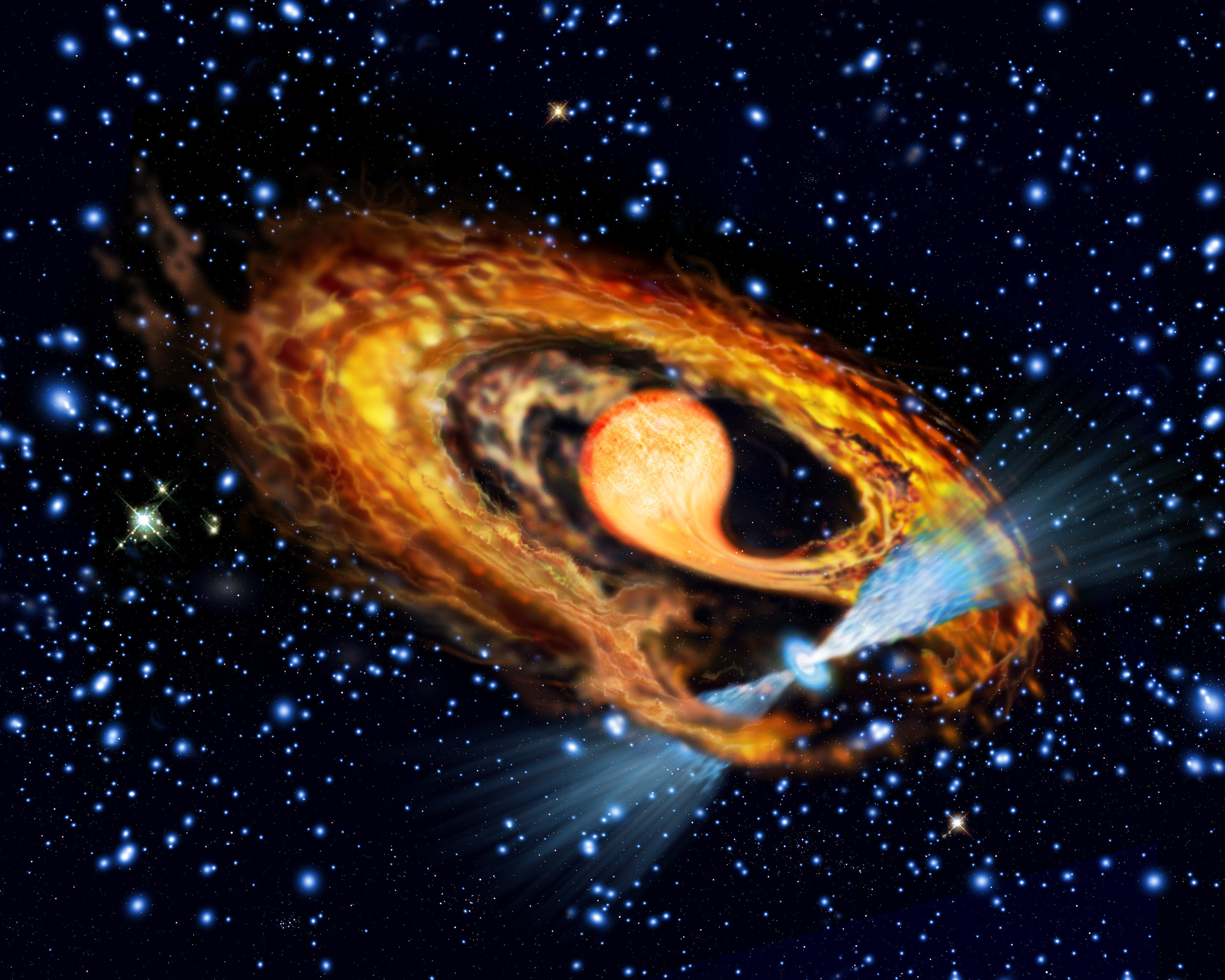 An artist’s impression of a pulsar (seen in blue with two radiation beams) and its bloated red companion star. Photo: European Space Agency
