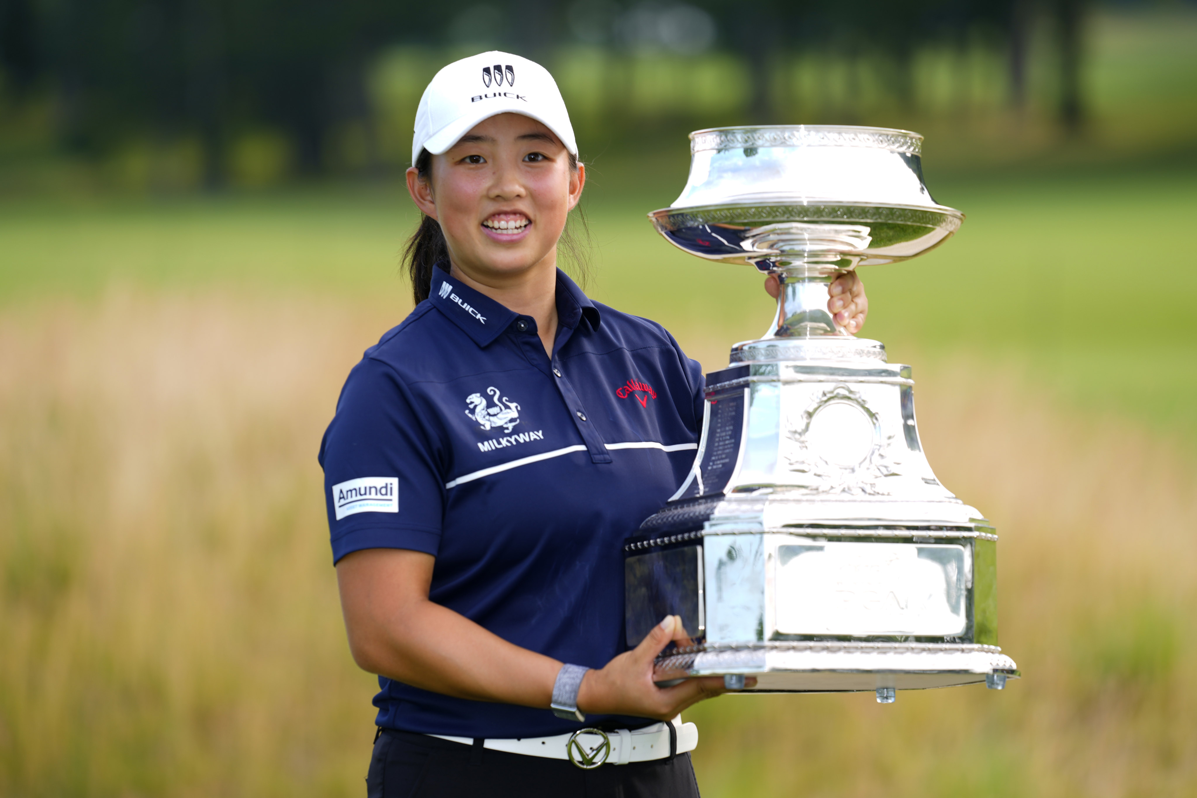 Yin Ruoning holds the trophy after winning the Women’s PGA Championship golf tournament on Sunday in Springfield, New Jersey, US. Photo: AP 