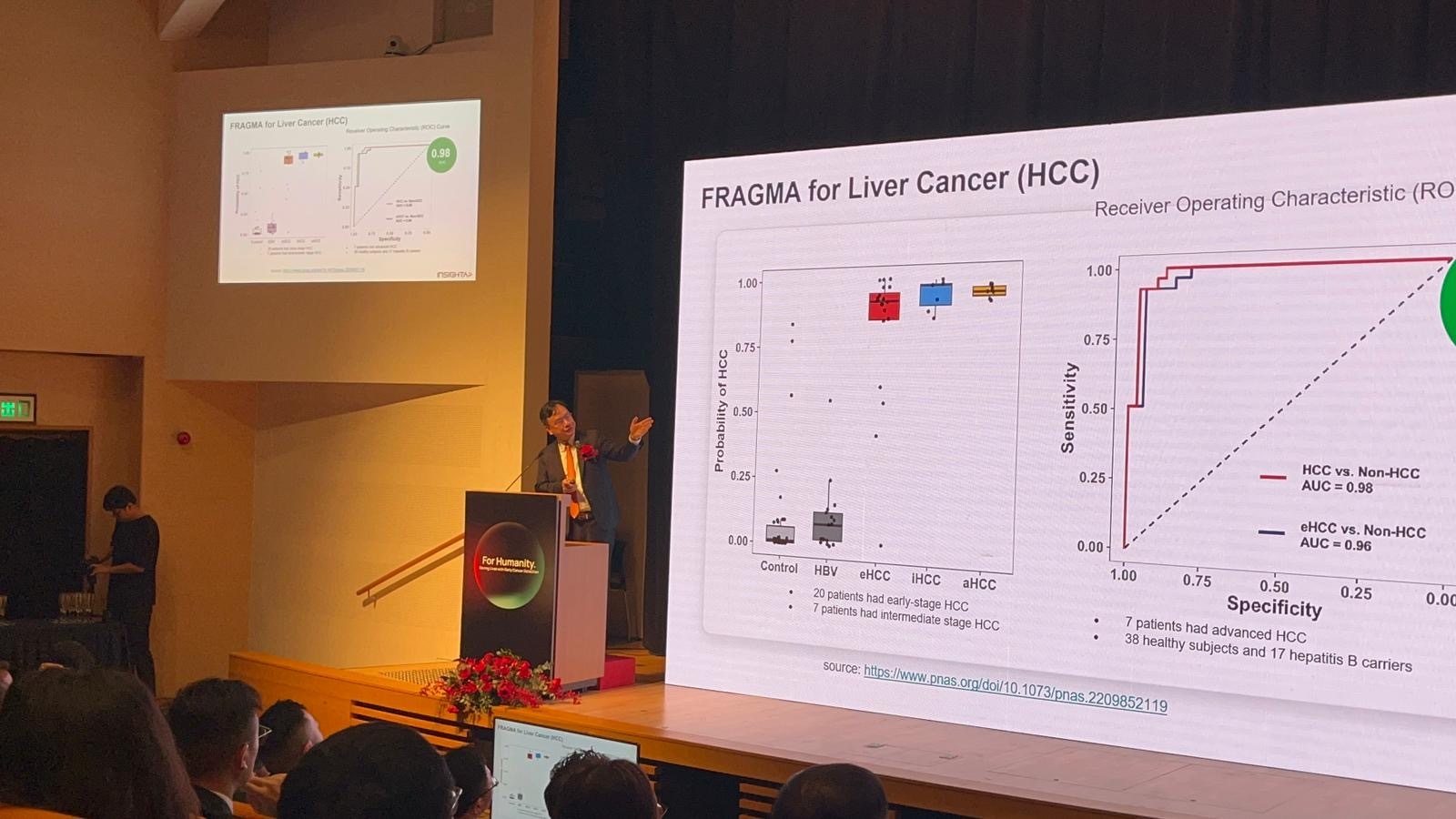 Professor Dennis Lo, chairman of Insighta, spoke at a press conference about his venture with Prenetics Group to launch clinically administered test kits to detect cancer, at the Hong Kong Science and Technology Park, on June 26, 2023. Photo: Julia Zhong. 