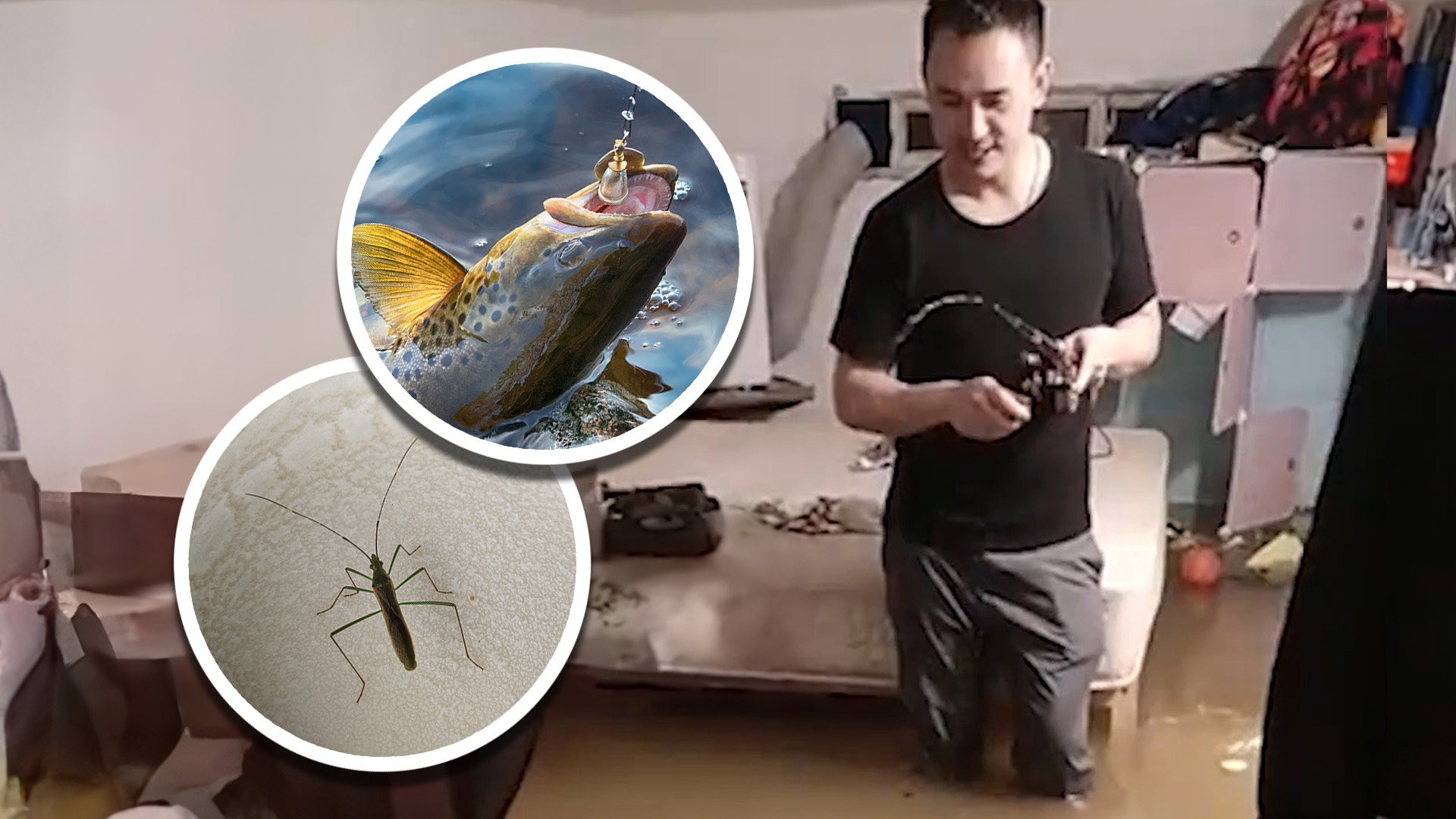 Angling for insects: viral video of a man in China fishing from the side of a bed in his flooded home has caught much attention on mainland social media. Photo: SCMP composite/The Paper