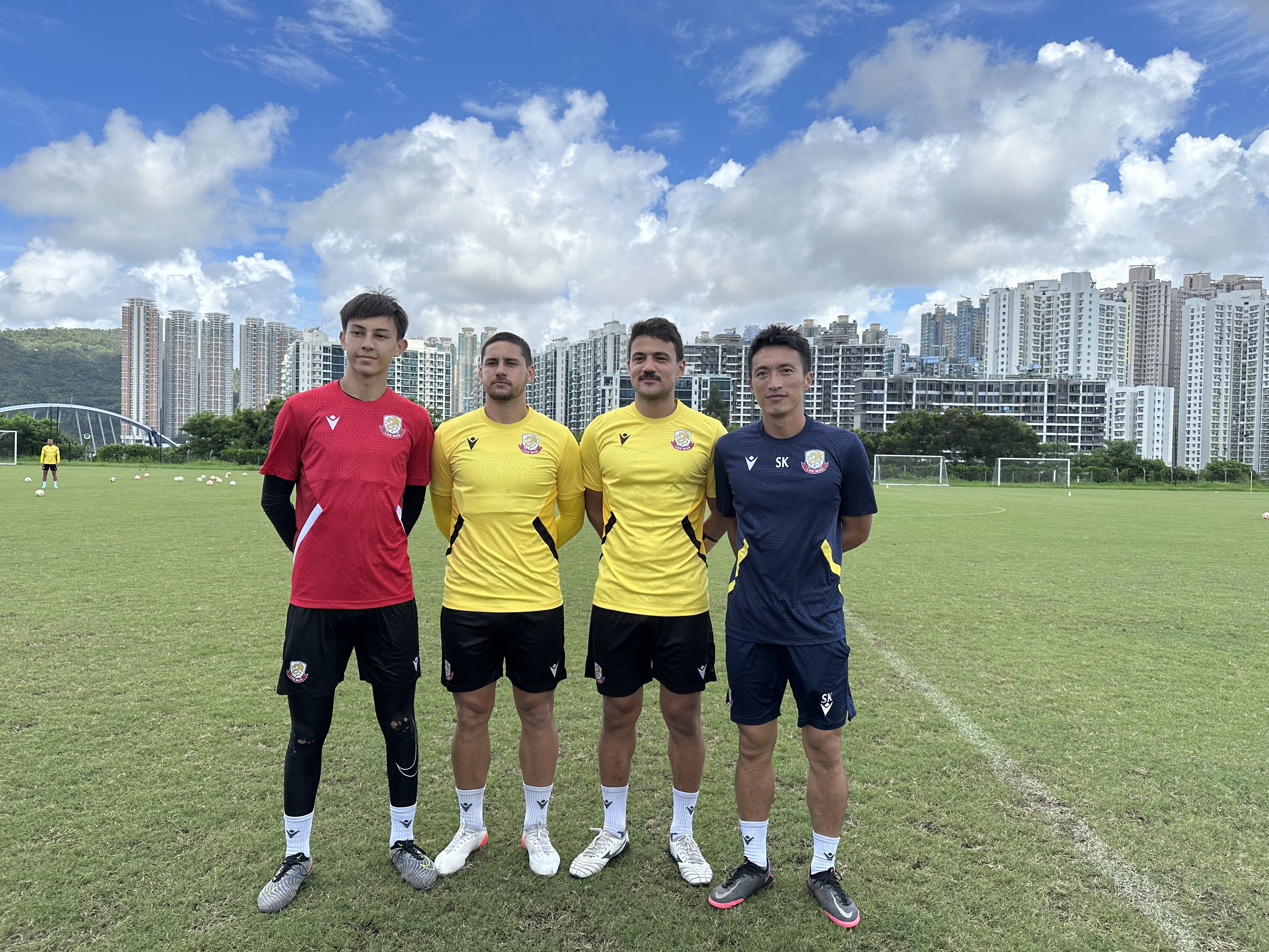 (From left) Poon Sheung-hei, Paulo Simionato and Luis Nunes are Lee Man’s new faces so far, pictured with coach Chu Siu-kei. Photo: Chan Kin-wa