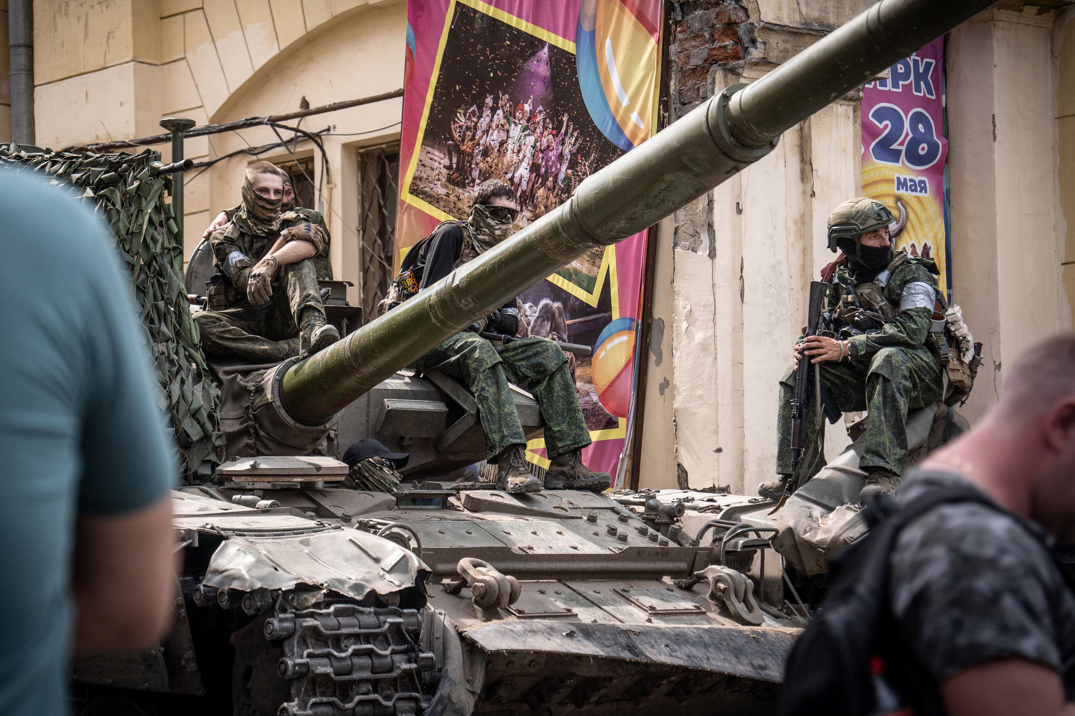 Members of the Wagner paramilitary group sit atop a tank on a street in the Russian city of Rostov-on-Don on Saturday. The challenge to Russian President Vladimir Putin has rattled China, a close ally. Photo: AFP via Getty Images/TNS