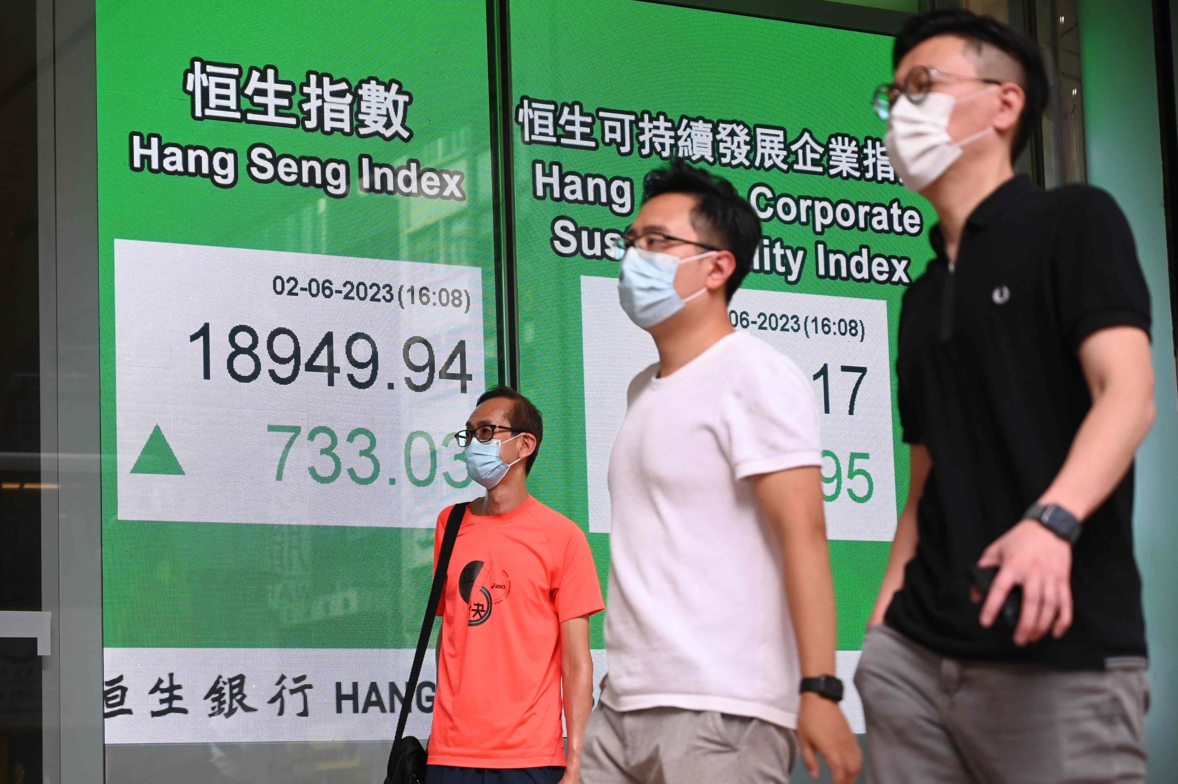 Pedestrians walk past a sign showing the Hang Seng Index outside a bank on June 2.  Photo:AFP