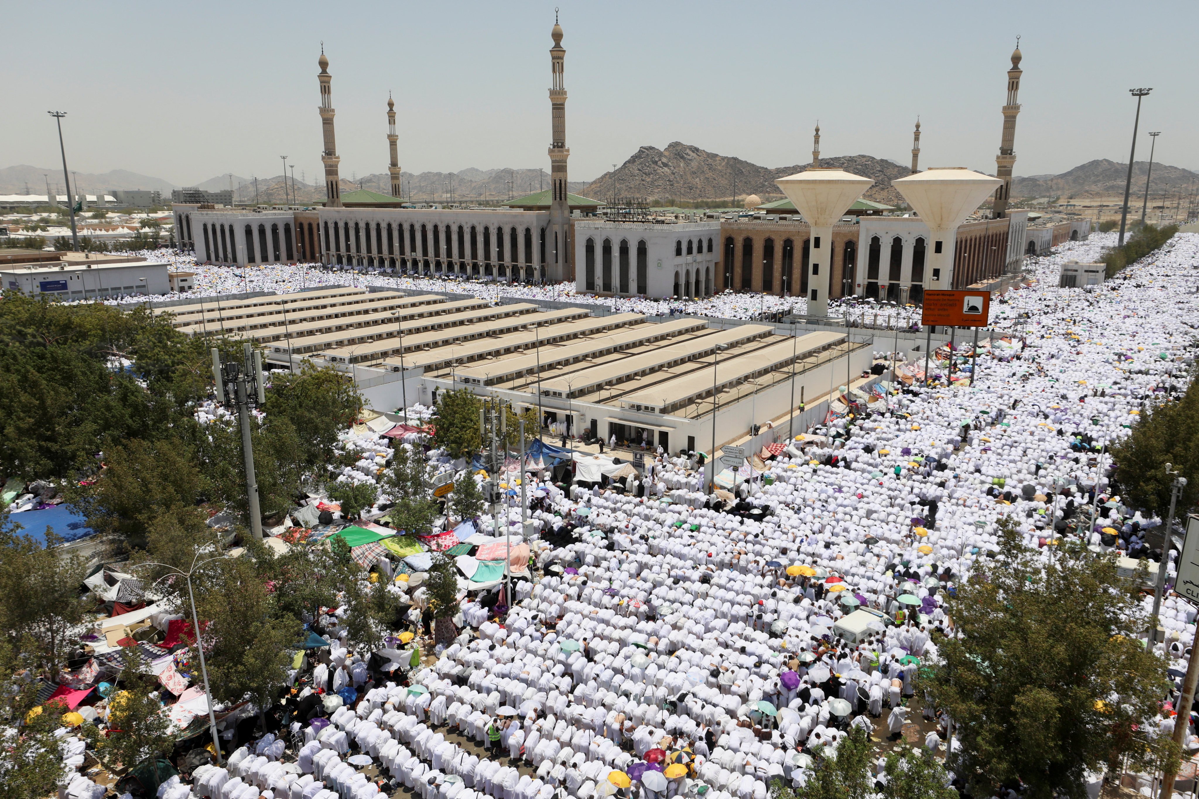 Muslim pilgrims pray at Namira Mosque on the plain of Arafat during the annual haj pilgrimage, outside the holy city of Mecca, Saudi Arabia on Tuesday. Photo: Reuters