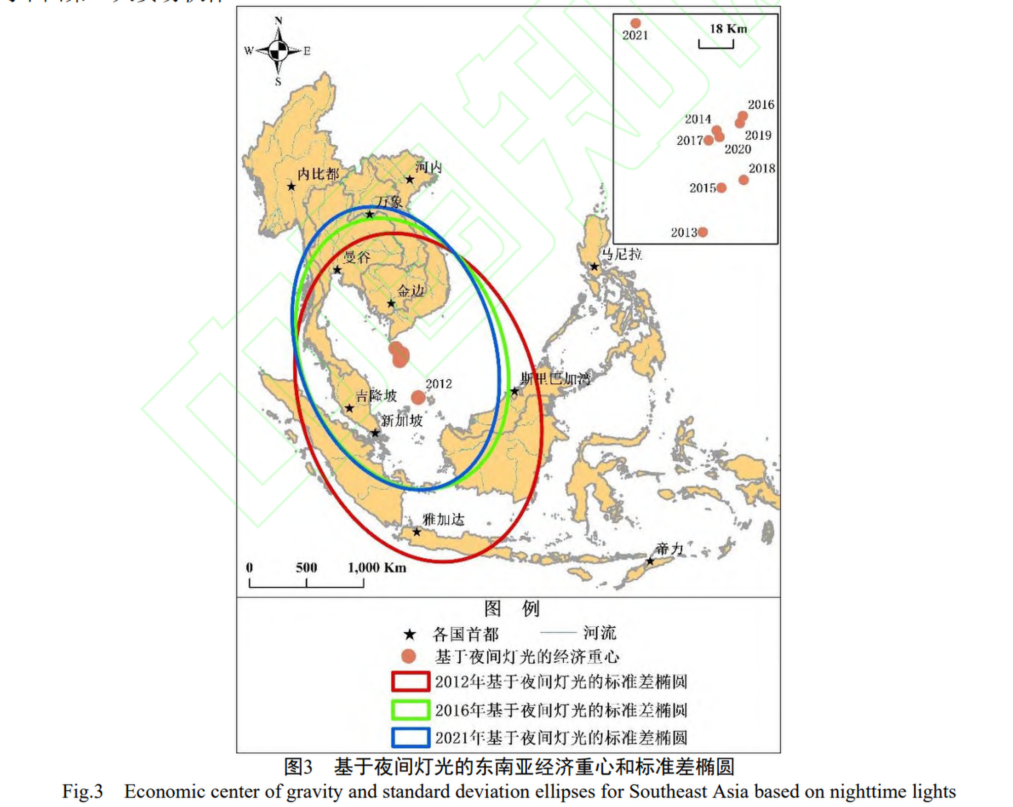 Satellite data shows the gravitational centre of artificial light in Southeast Asia has been moving northward towards China over the past decade, according to the study. Illustration: Yunnan University