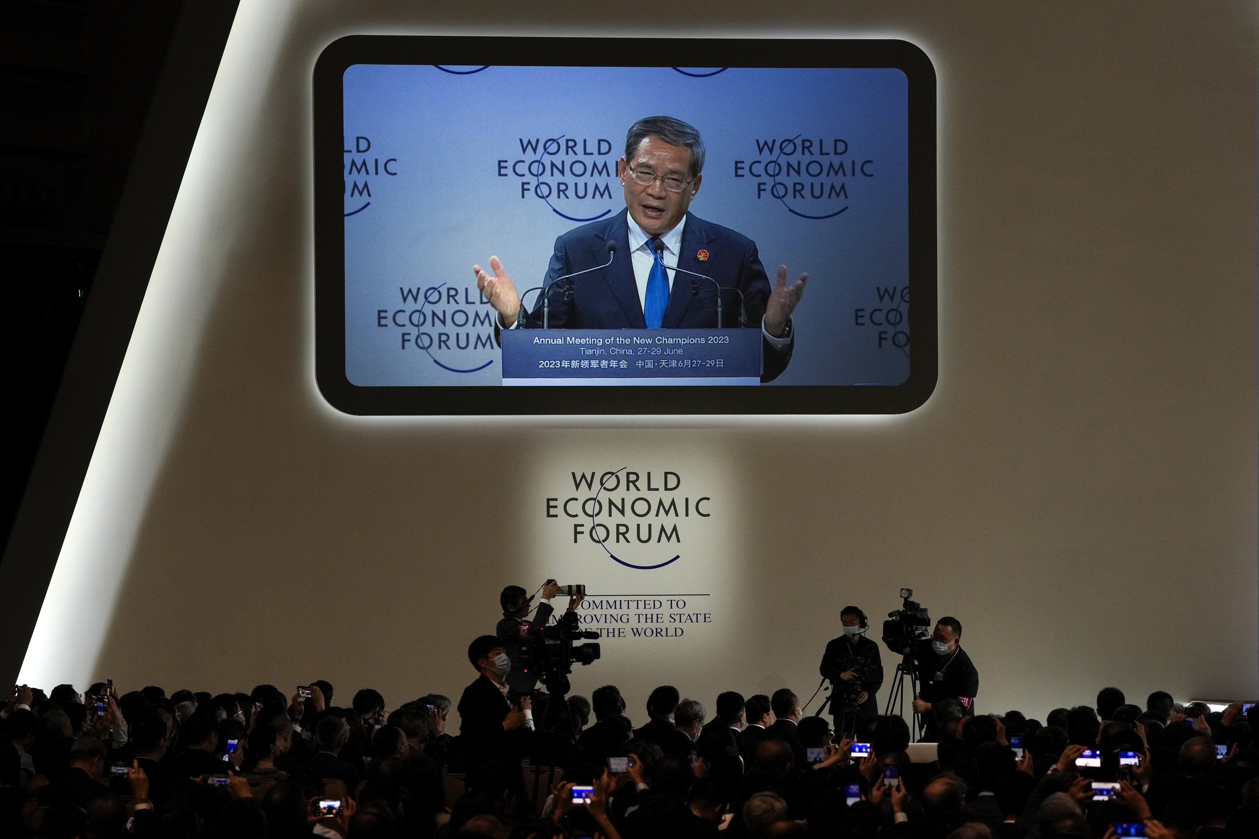 Chinese Premier Li Qiang delivers his opening speech for the World Economic Forum’s Annual Meeting of the New Champions 2023. Photo: AP