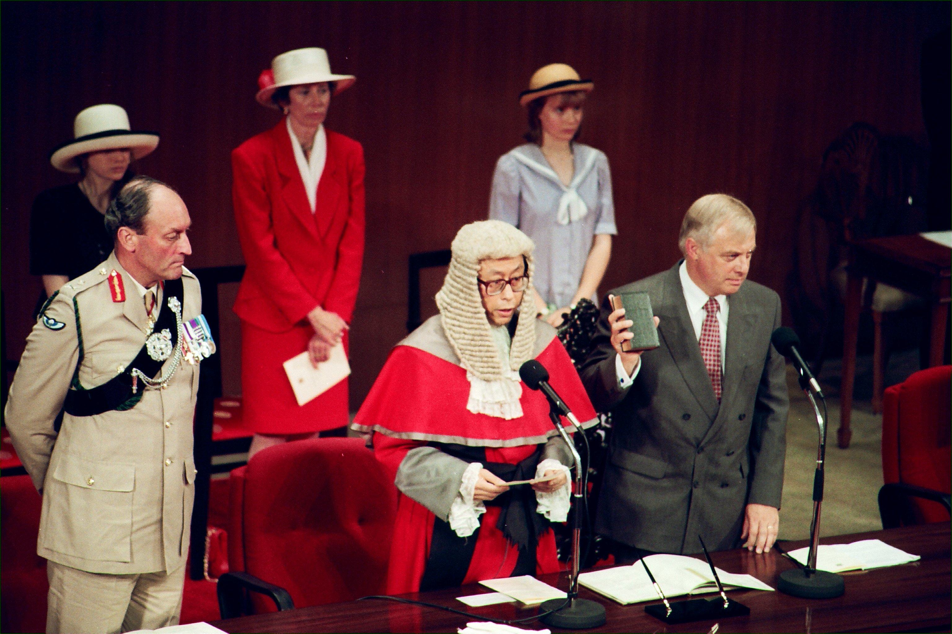 Yang as chief justice presides over the swearing-in ceremony of Hong Kong’s last governor Chris Patten (front right) in 1992. Photo: SCMP