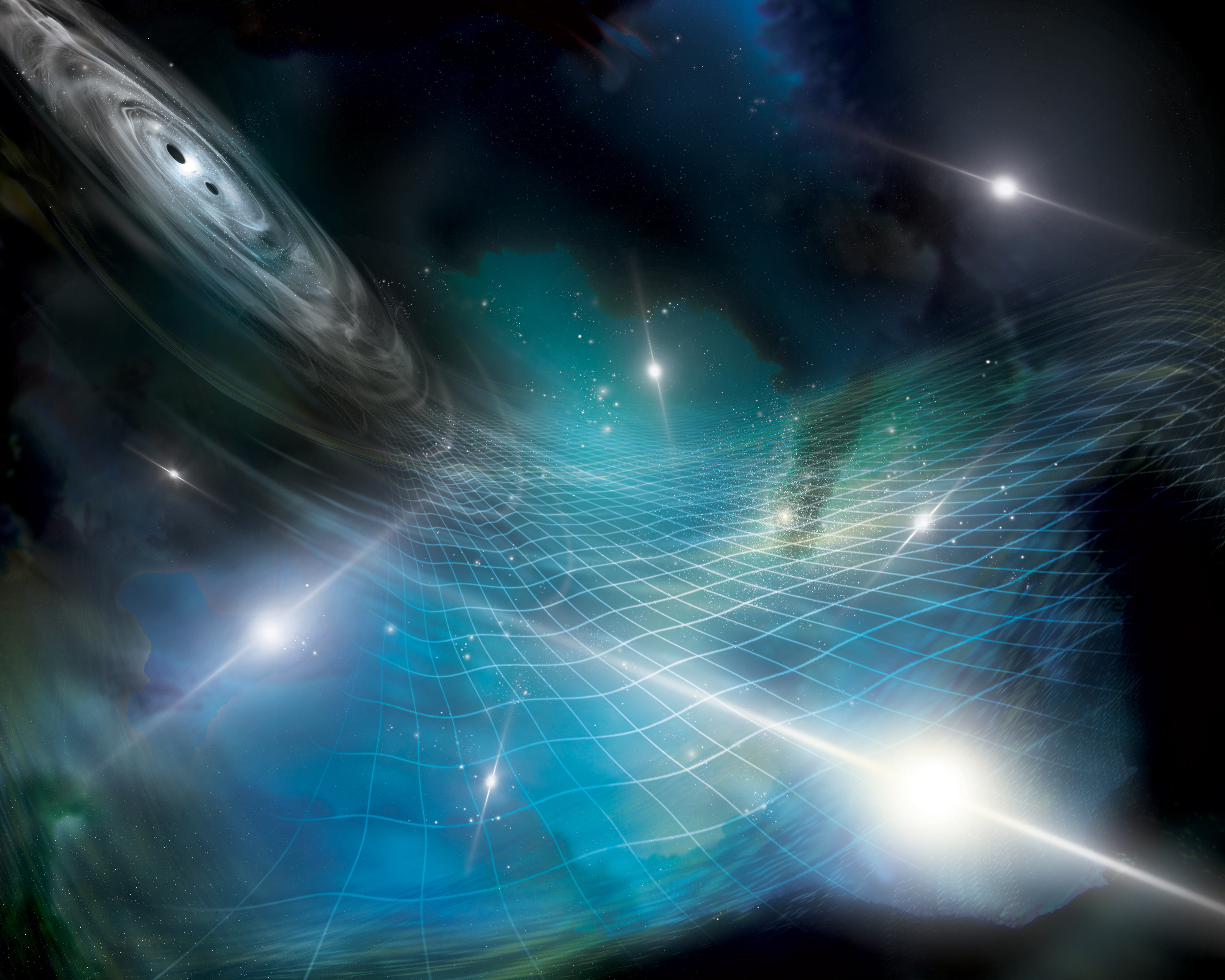 An artist’s interpretation of an array of pulsars being affected by gravitational ripples produced by a supermassive black hole binary in a distant galaxy. Photo: Aurore Simonnet for the NANOGrav Collaboration
