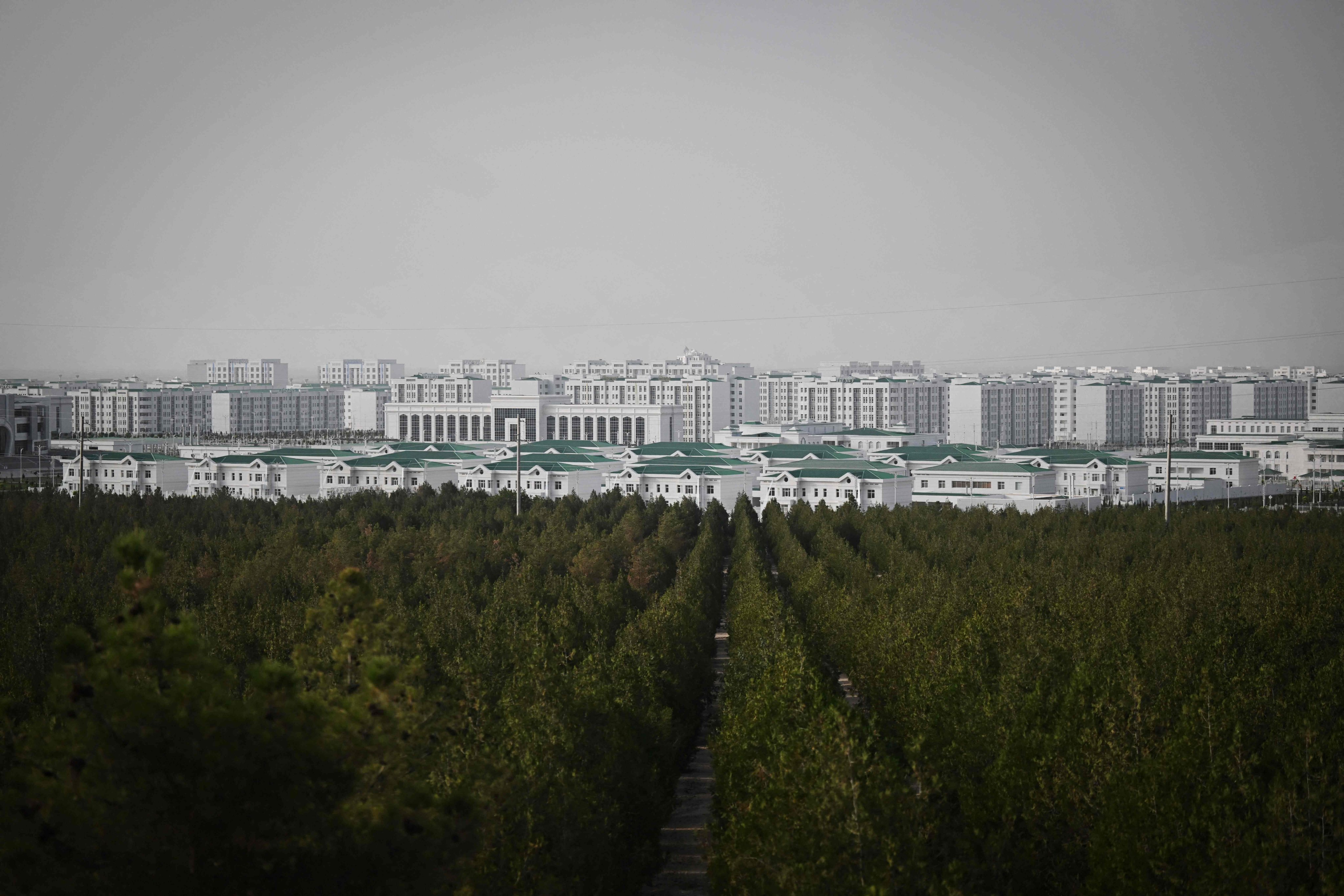 All the buildings in Arkadag are white and all residential  blocks are seven storeys high, a number considered lucky. Photo: AFP