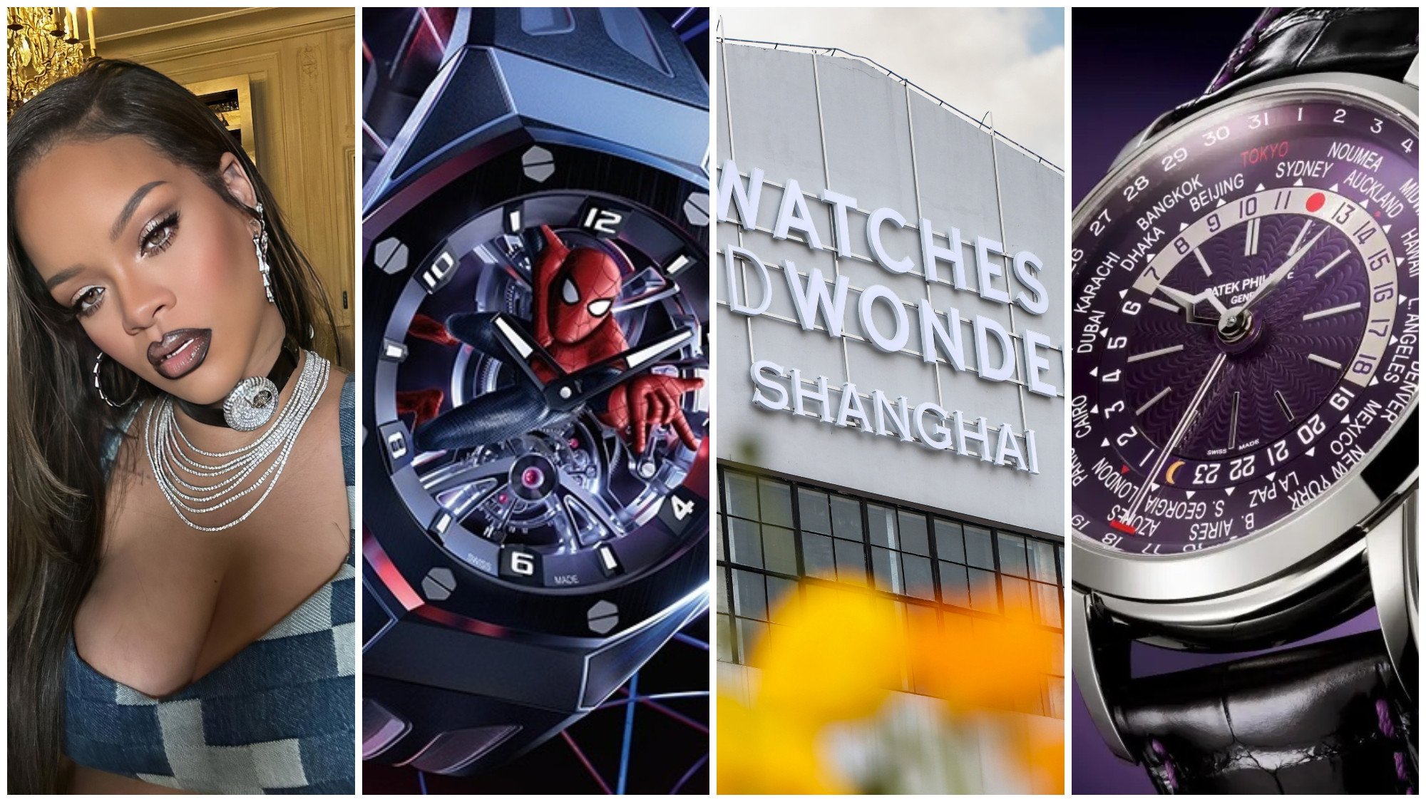 From left to right: Rihanna wearing the Jacob & Co. Flying Tourbillon as a choker; Audemars Piguet’s Royal Oak Concept Tourbillon “Spider-Man”; Watches and Wonders returns to Shanghai; Patek Philippe’s World Time 5330G-010. Photos: Handout
