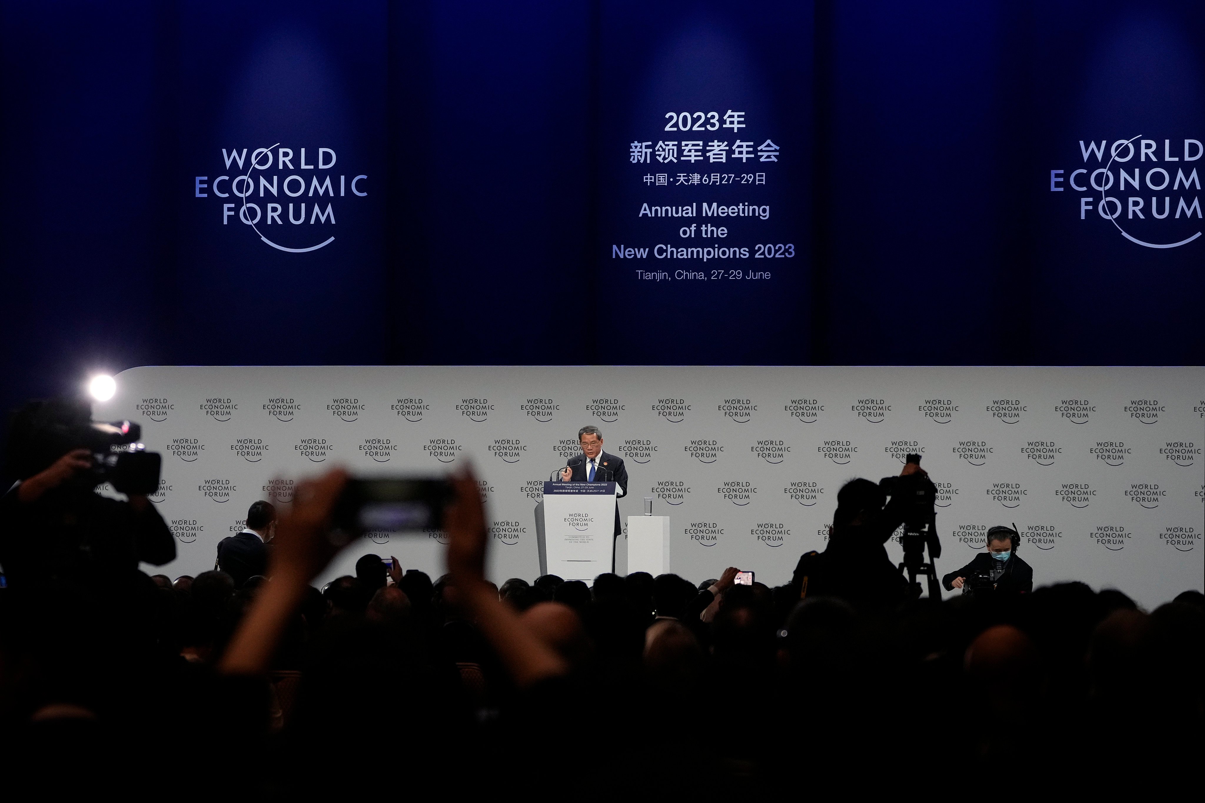 Chinese Premier Li Qiang delivers his opening speech for the World Economic Forum’s Annual Meeting of the New Champions 2023. Photo: AP