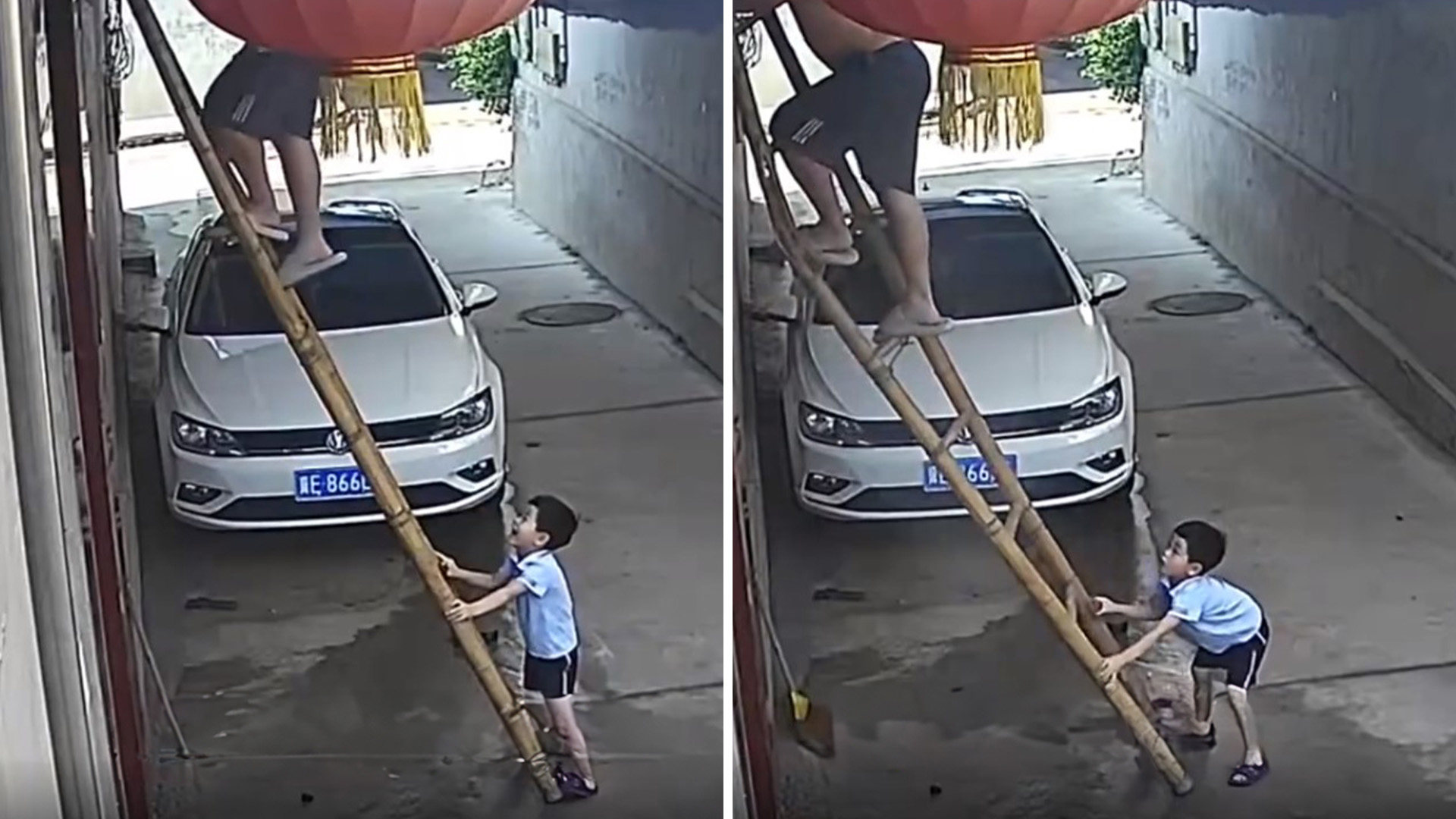 Mainland social media has been captivated by the video of a six-year-old boy in China who stopped his father from suffering a nasty fall from a collapsing ladder by steadfastly holding onto its base until his dad was safely on the ground. Photo: SCMP composite/Baidu