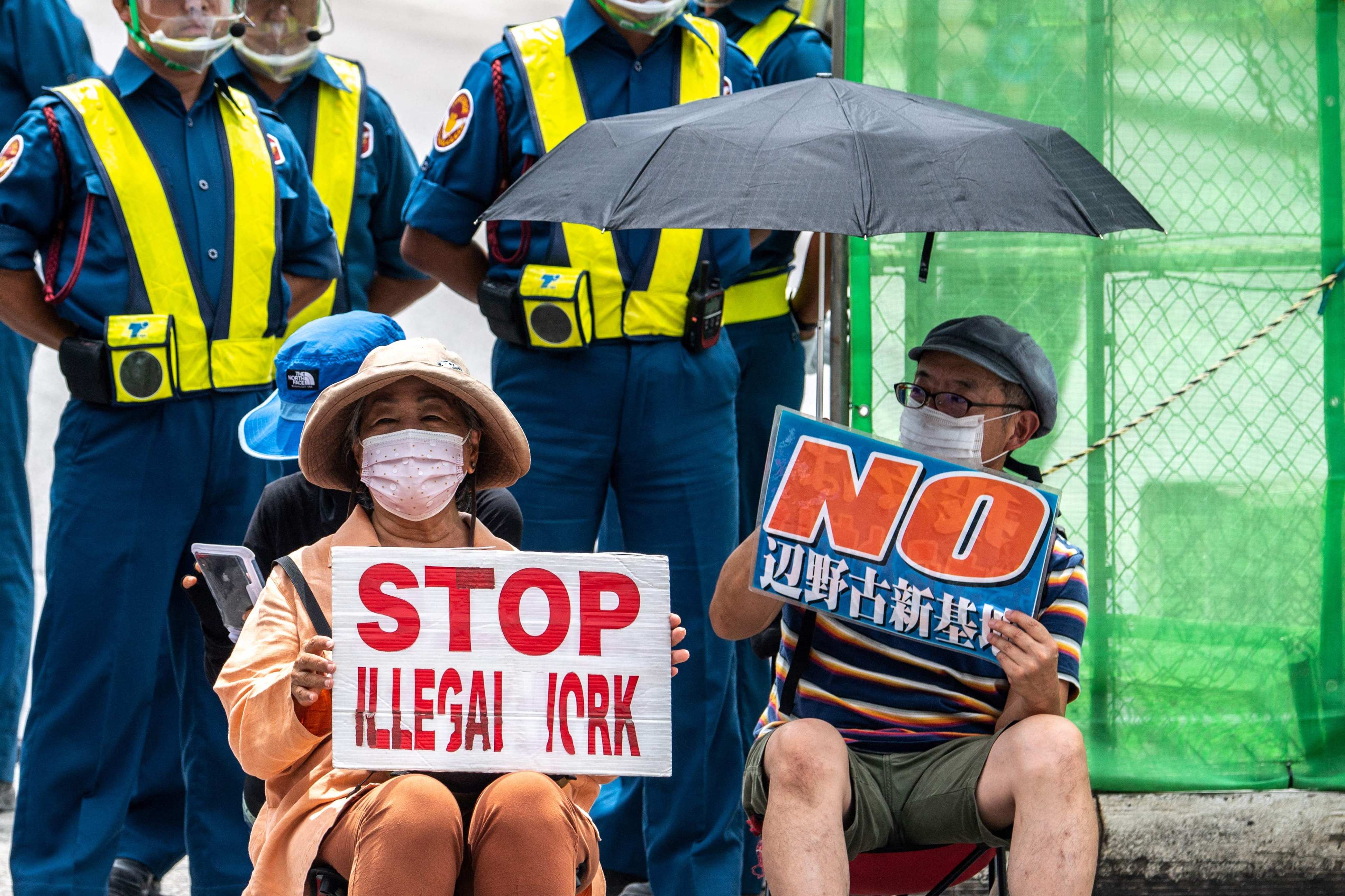 Activists protest outside a US military base in Nago, Japan’s Okinawa prefecture, last year. Photo: AFP