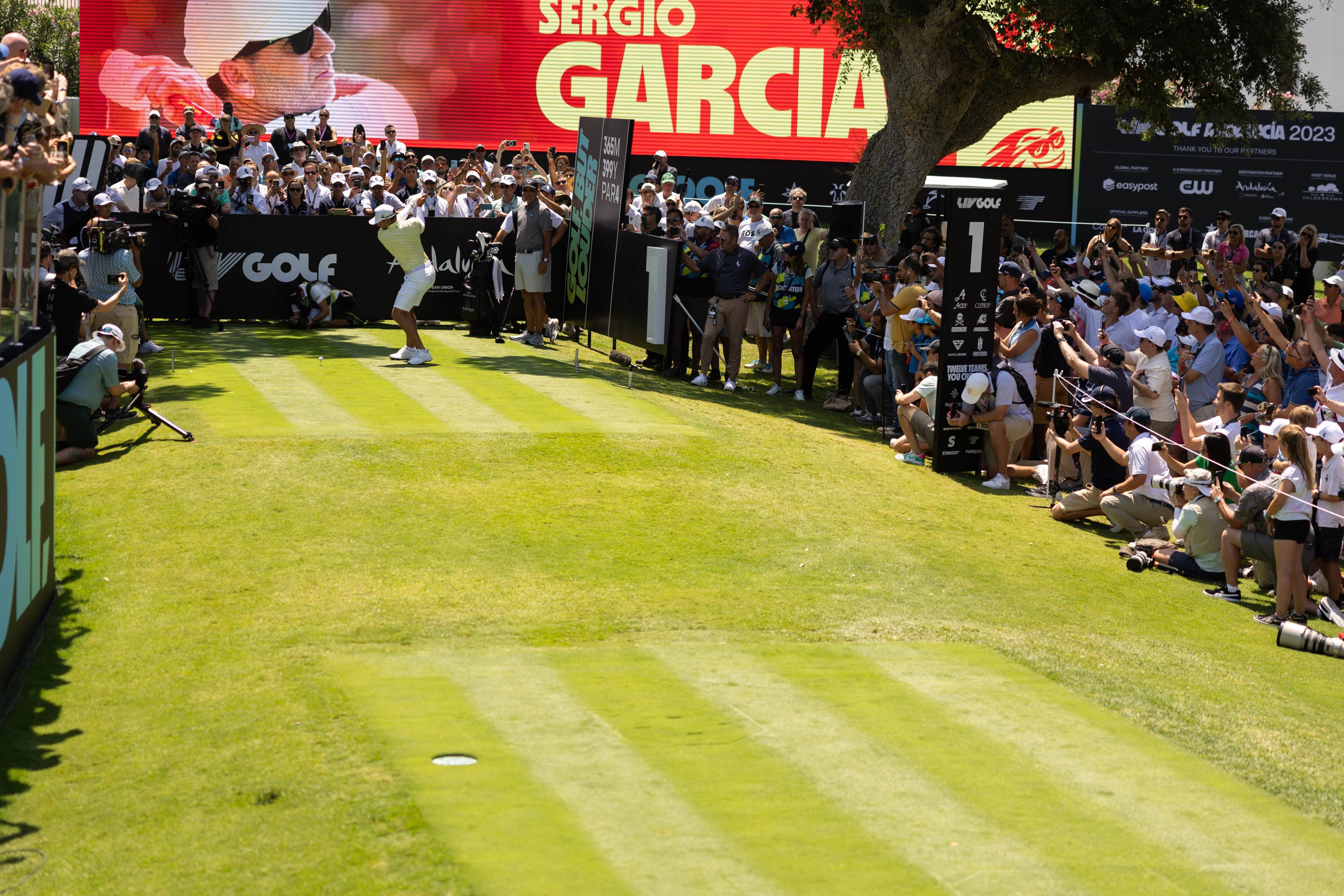 Sergio Garcia tees off during the first round of LIV Golf Andalucía. Photo: LIV Golf