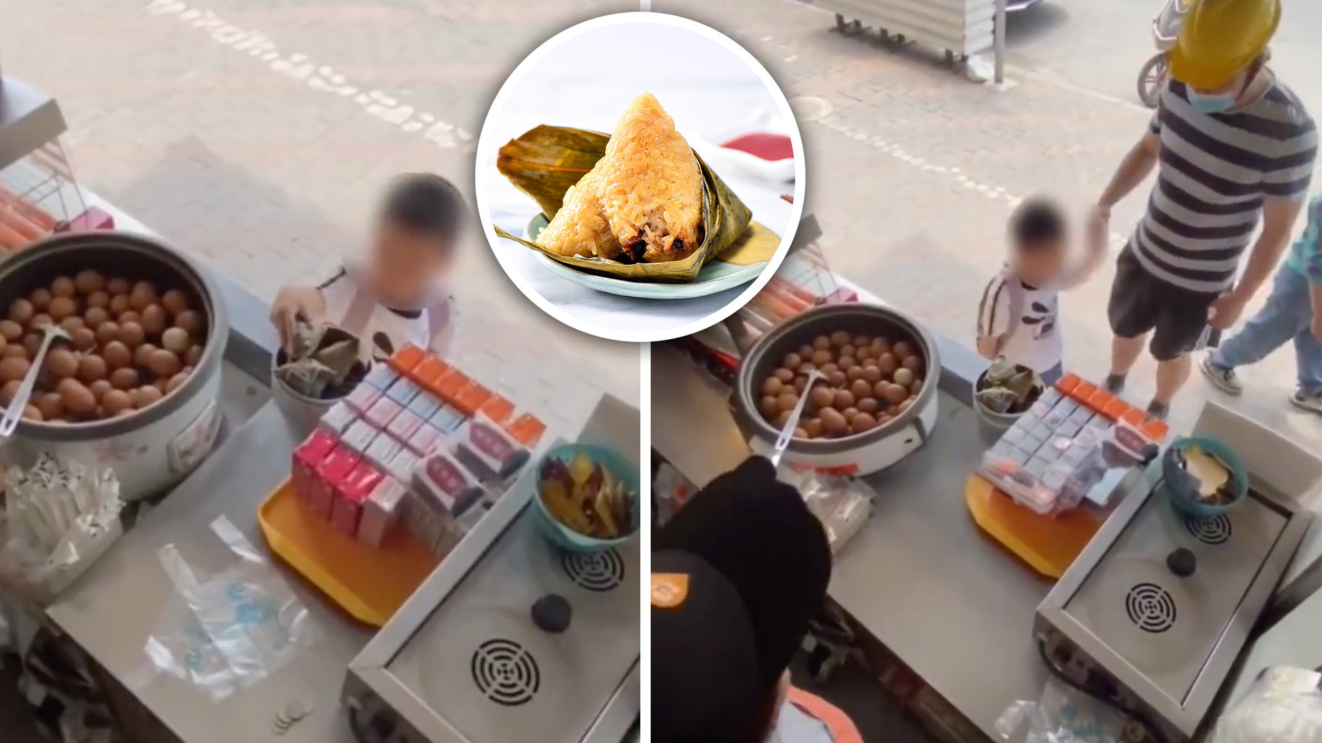 People on mainland social media have showered praise on a father in China who taught his young son a life lesson by making him apologise for stealing a sticky rice dumpling from a shop. Photo: SCMP composite/Weibo/@Xinhua
