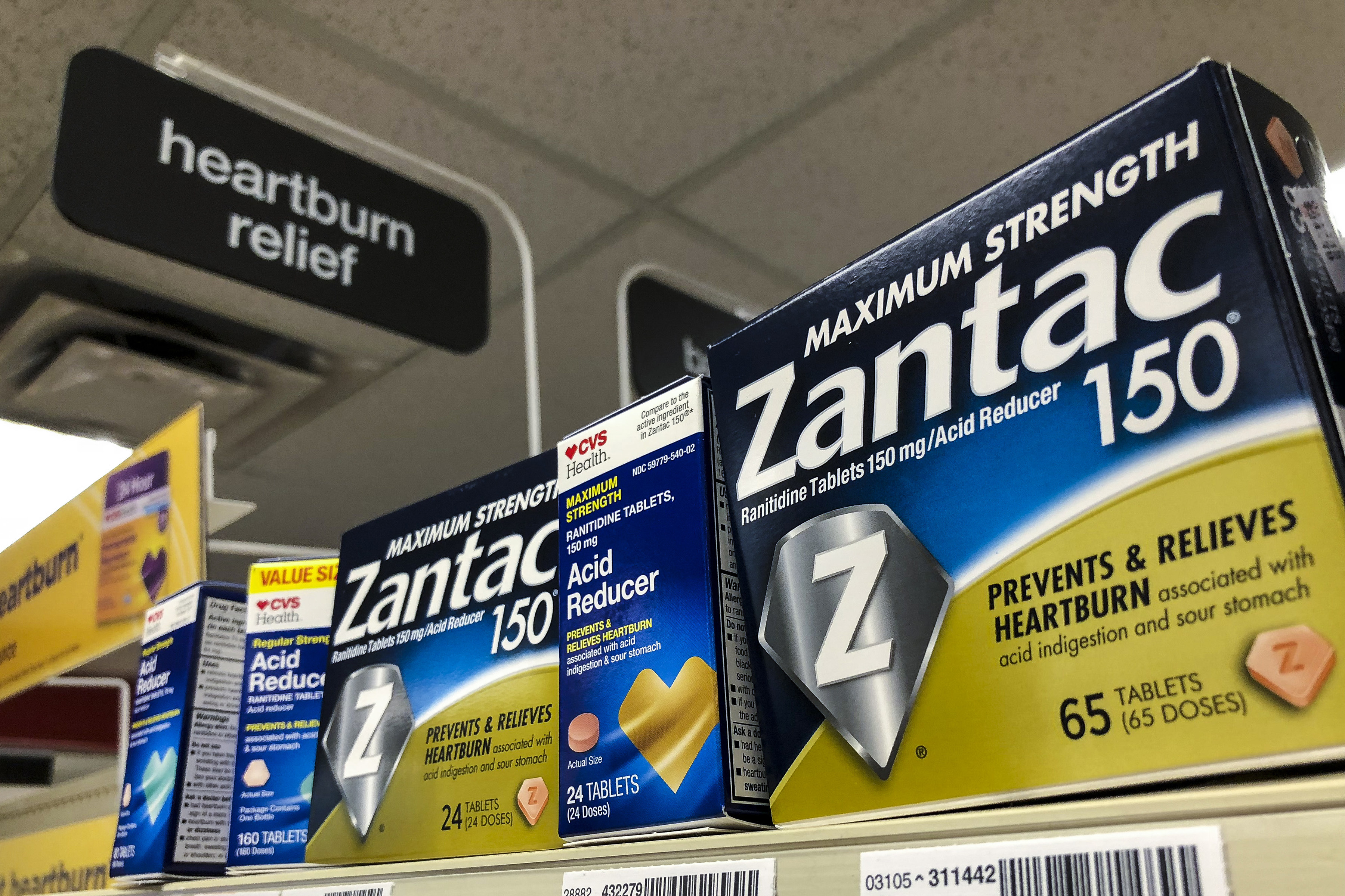 Packages of heartburn medication Zantac. The FDA recently announced that it has found small amounts of a probable carcinogen in versions of Zantac and other forms of ranitidine. Photo: Getty Images / TNS