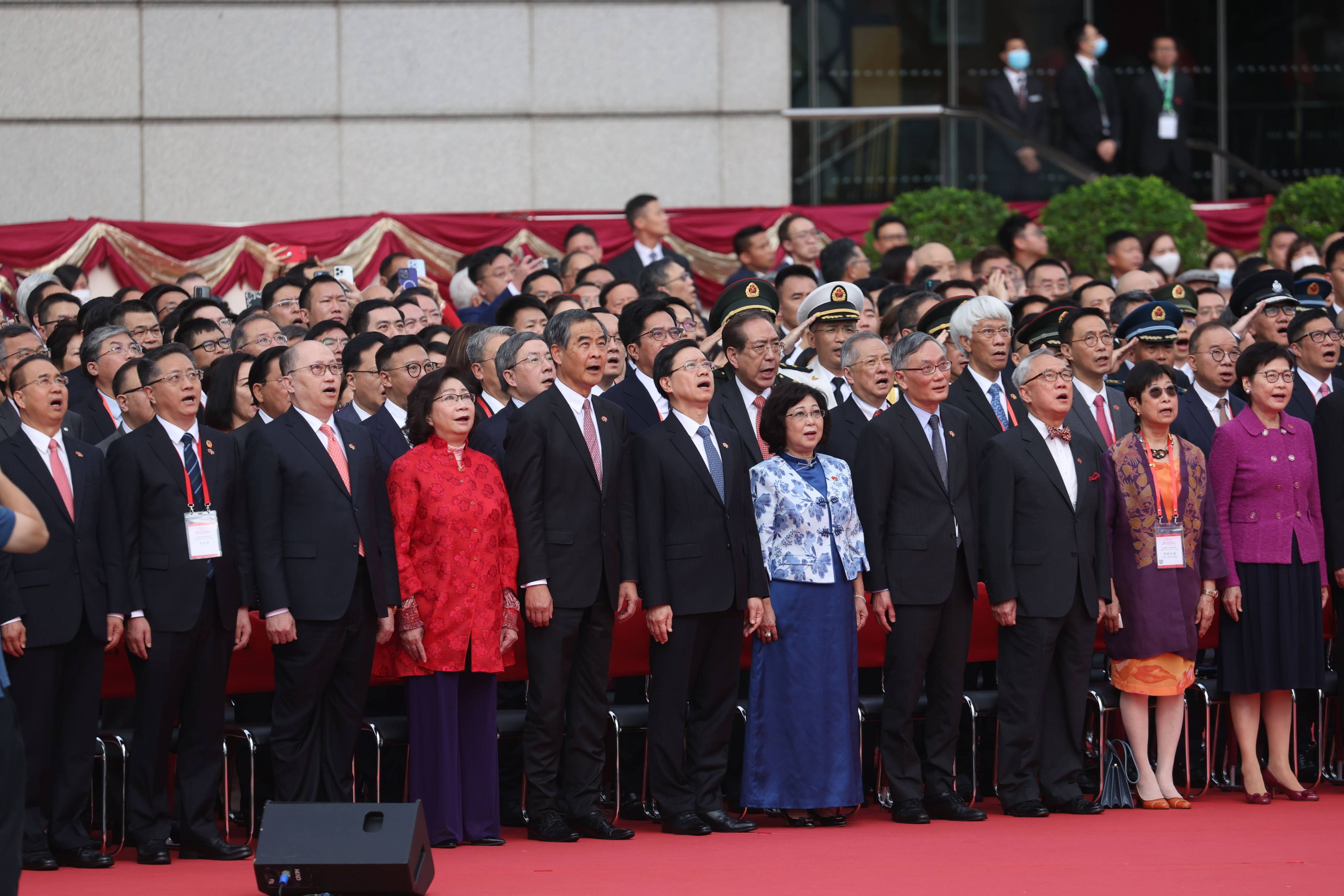 Chief Executive John Lee and top political figures at the flag-raising ceremony in Wan Chai. Photo: Yik Yeung-man