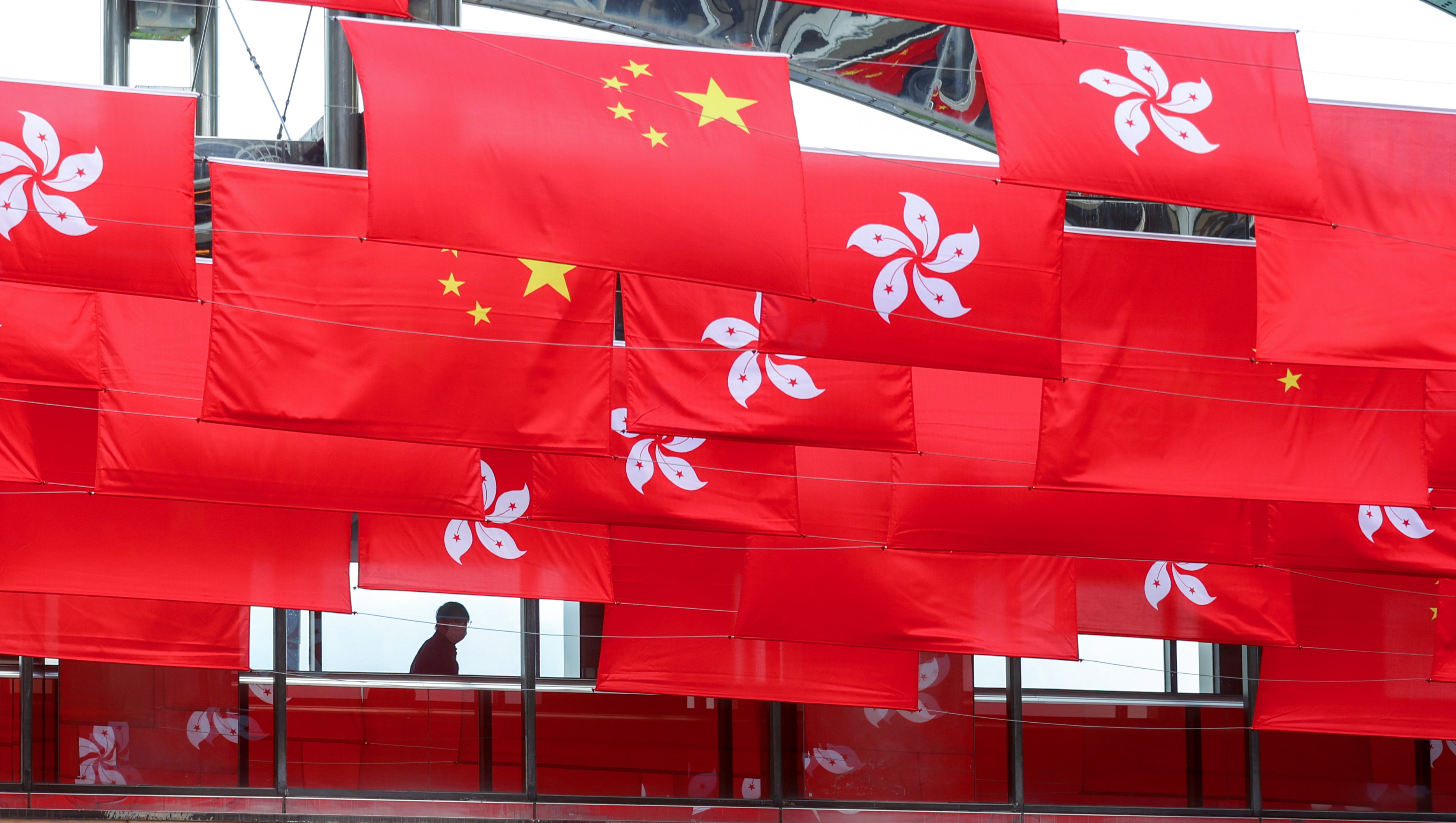Chinese National Flags and Regional flags of Hong Kong are seen on June 27 in a street in Tsim Sha Tsui as a part of celebrations marking the anniversary of the city’s return to China. Photo: Yik Yeung-man