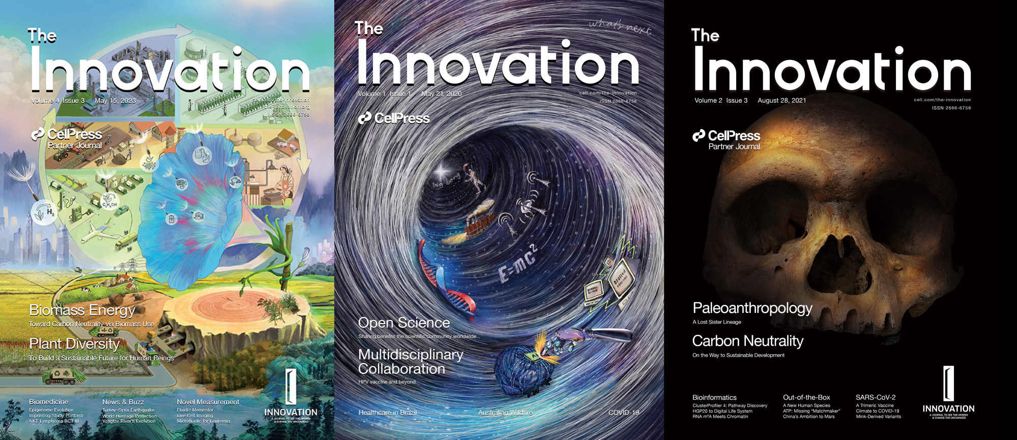 The Innovation’s latest issue (left), alongside its first edition and the “dragon man” paper that made international headlines in 2021. Photo: The Innovation
