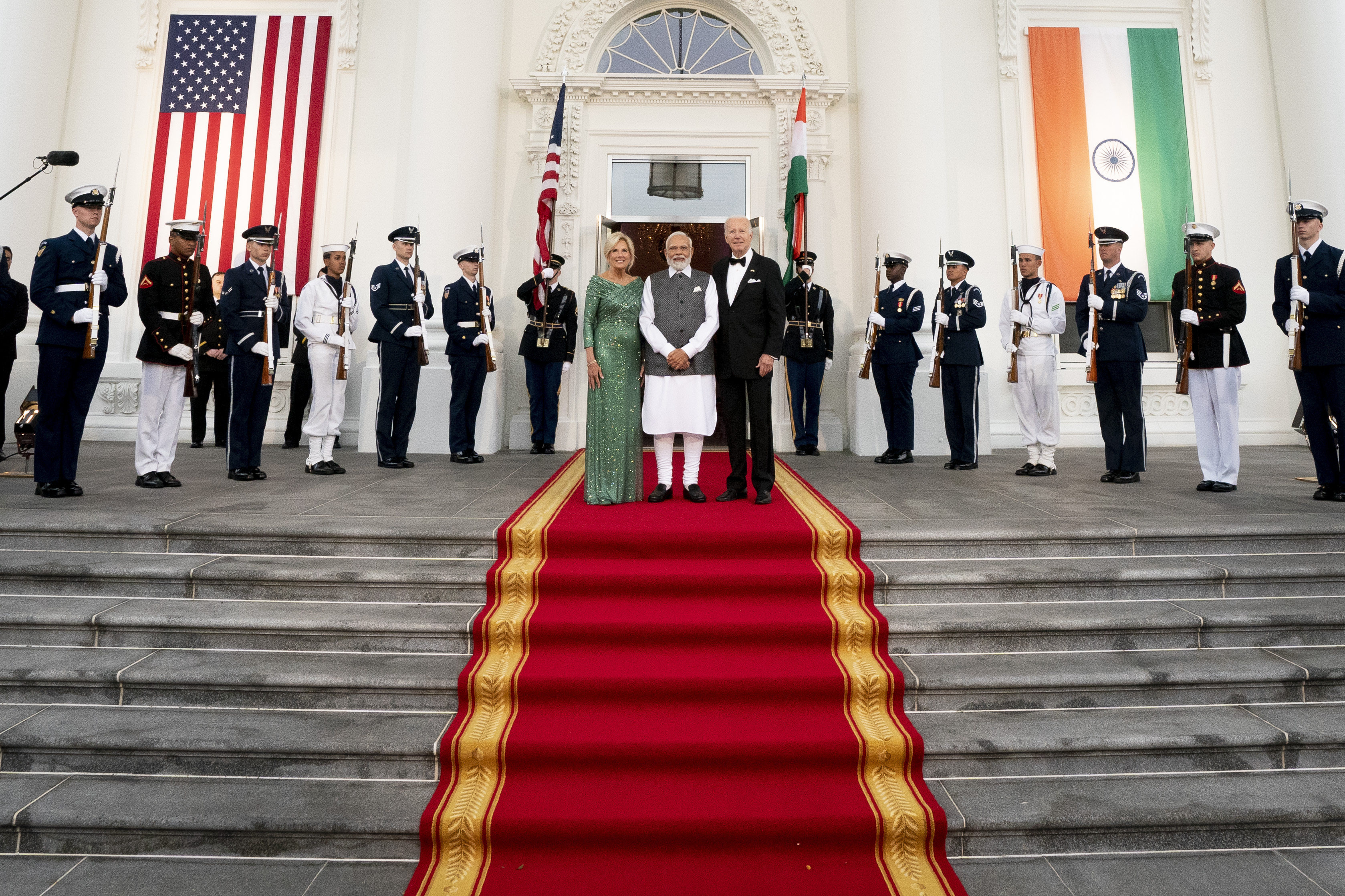 US President Joe Biden and first lady Jill Biden welcome India’s Prime Minister Narendra Modi on the red carpet as he arrives for a State Dinner on the North Portico of the White House in Washington on June 22. Photo: AP