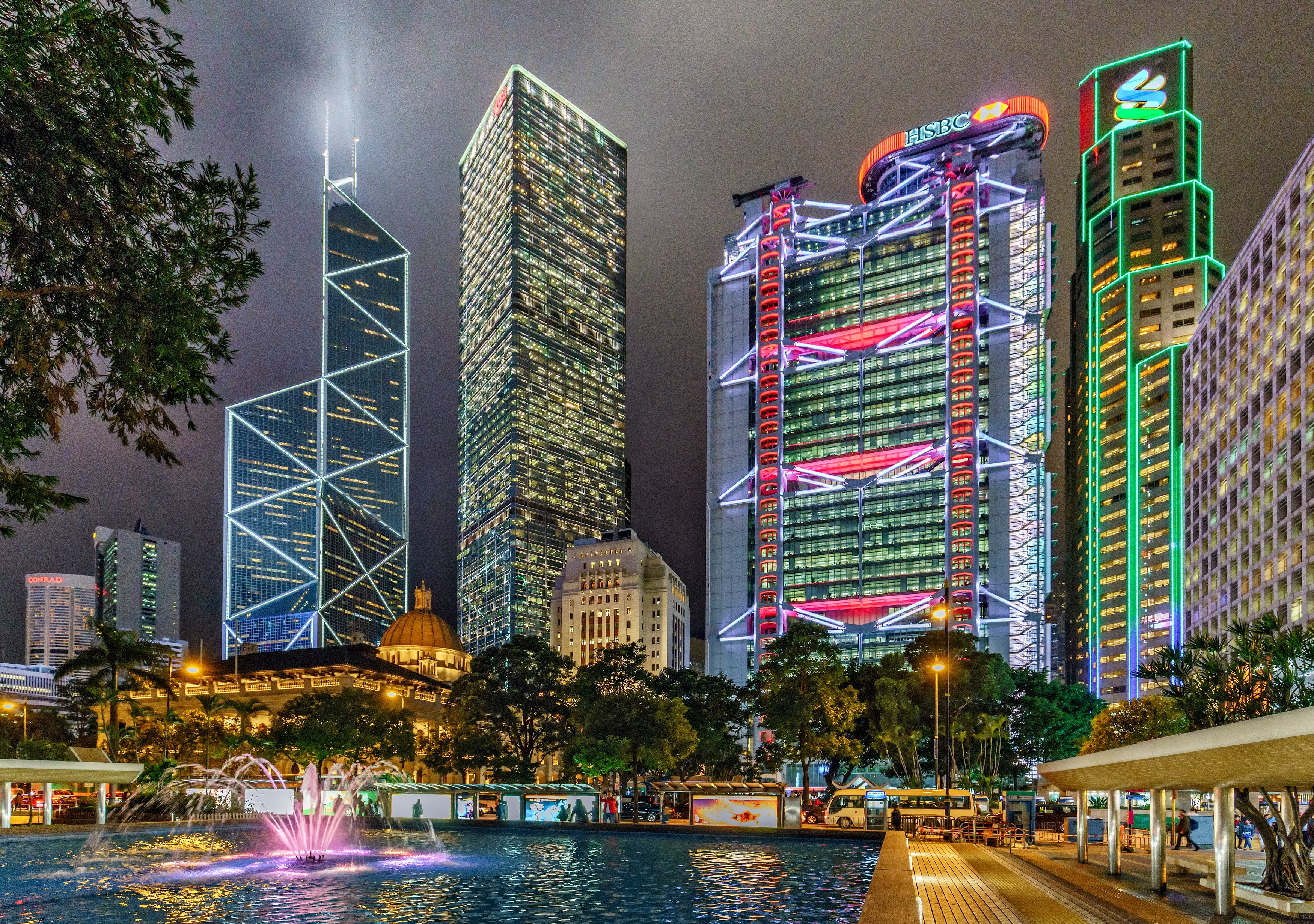 Hong Kong’s night cityscape in Central, with Bank of China Tower and HSBC Main Building seen from Cenotaph Square.Photo: Shutterstock