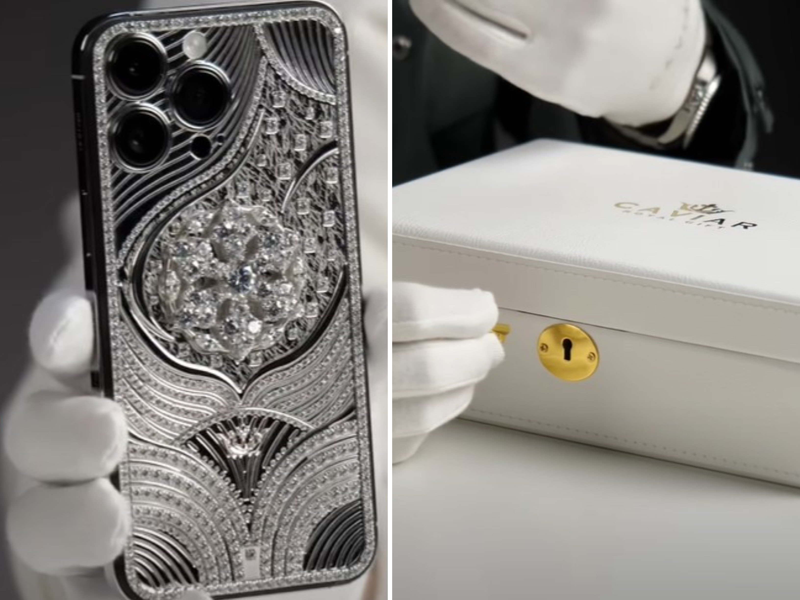 For the ultimate tech-meets-ultra-luxury accessory, look no further than the Caviar, diamond encrusted iPhone 14 Pro Max. Photo: Handout